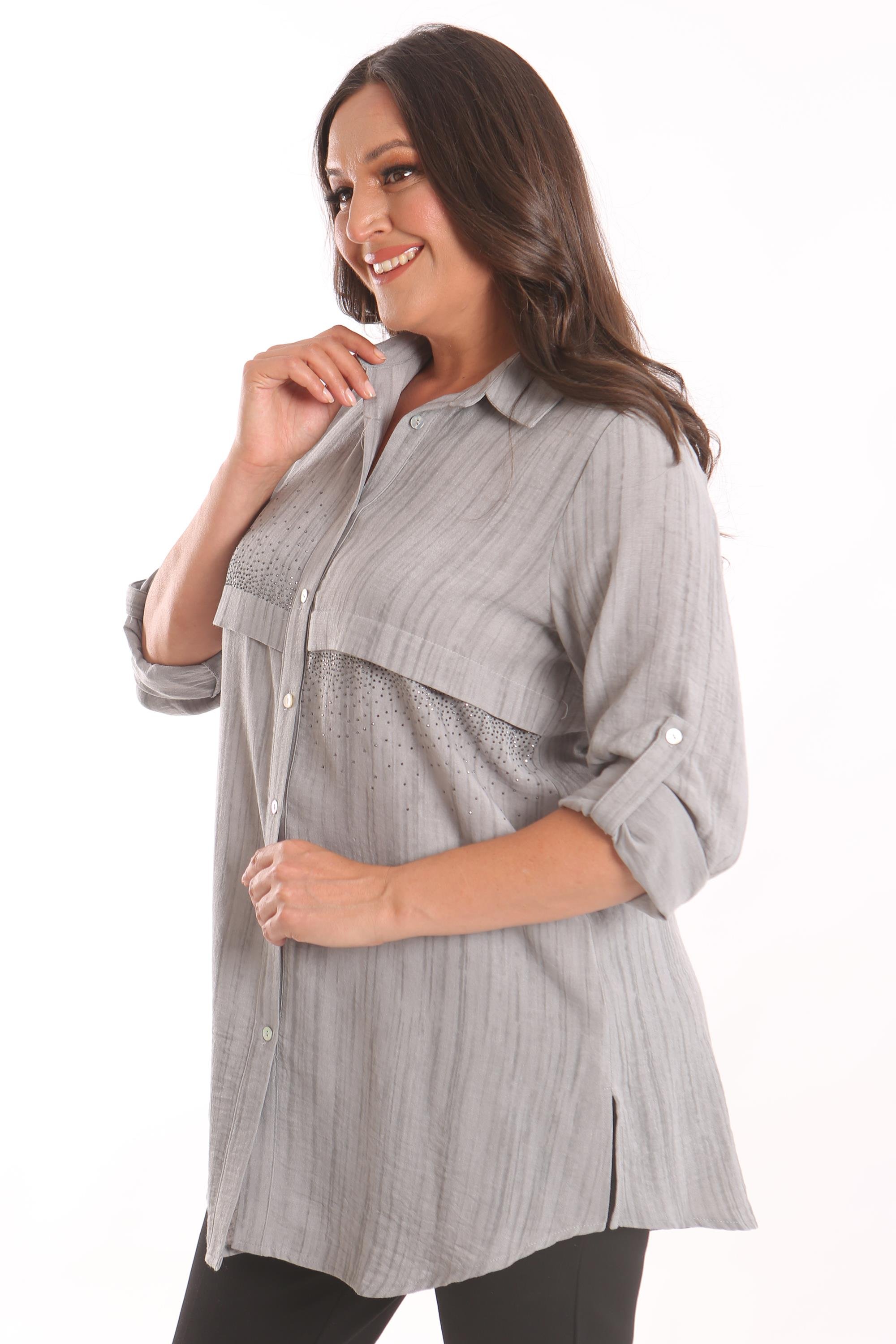 Trend42plus Büyük Beden Siyah Taş Baskılı Allerli Gömlek