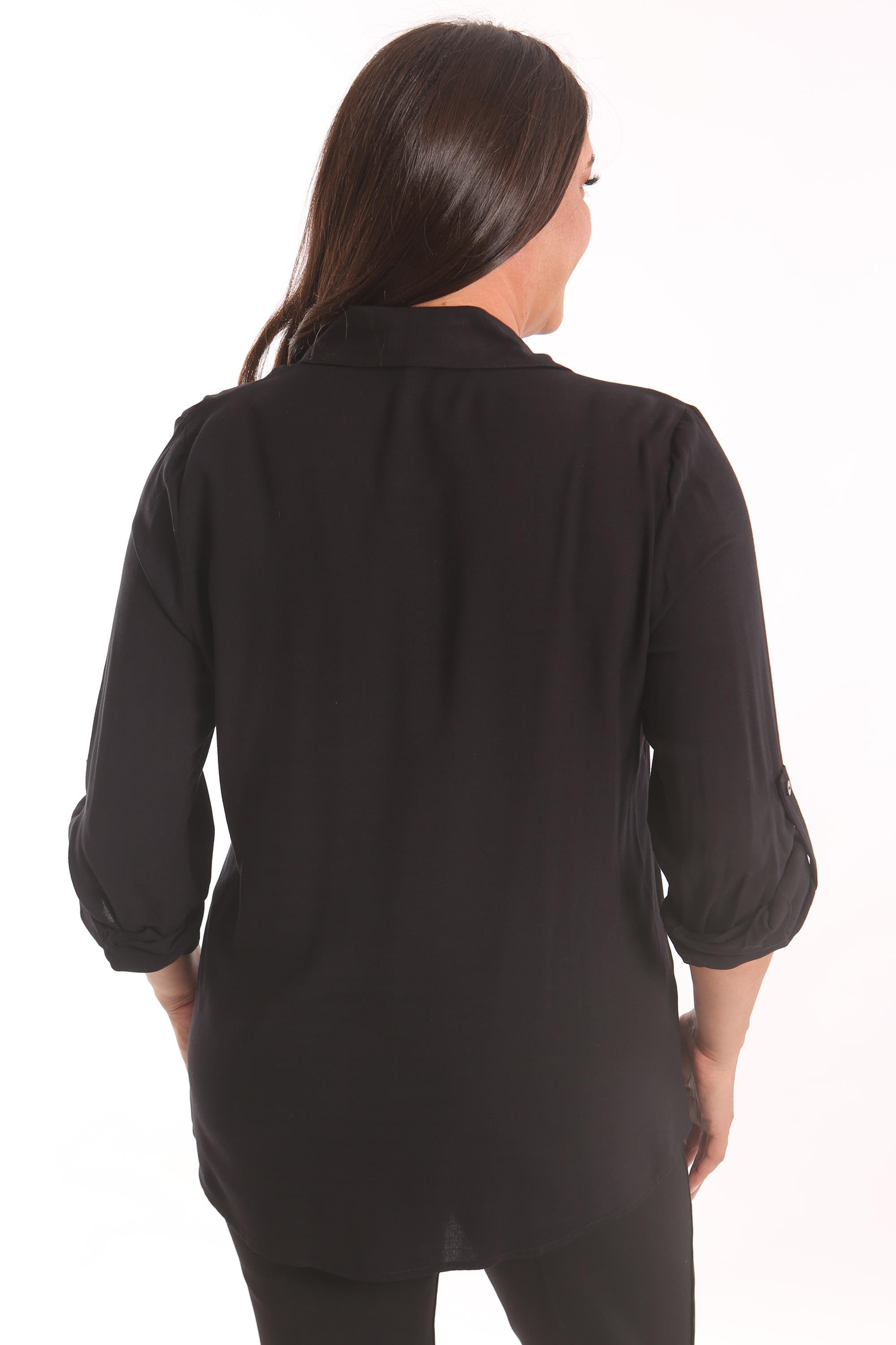 Trend42plus Büyük Beden Siyah Taş Baskılı Dokuma Gömlek