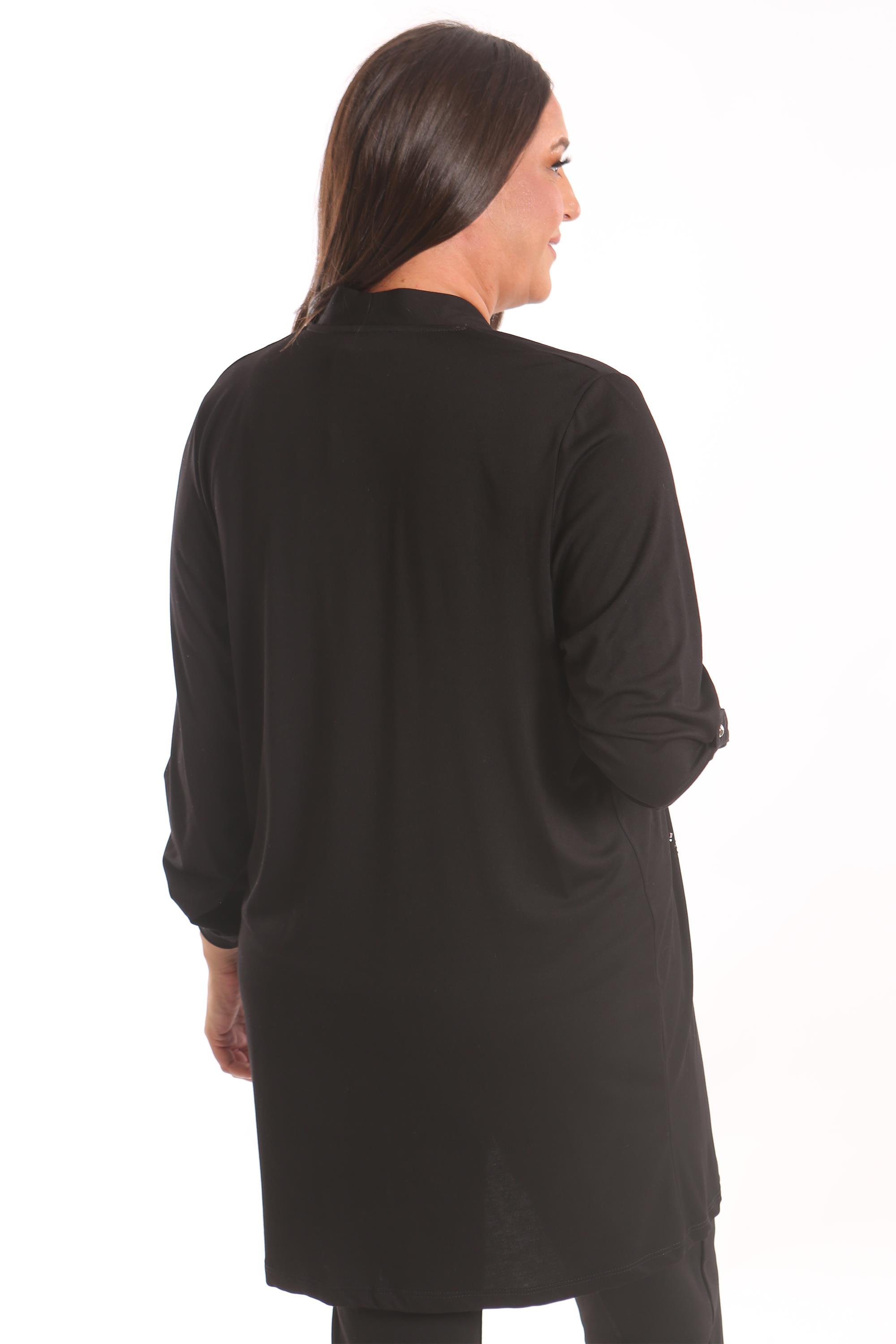 Trend42plus Büyük Beden Siyah Taş Baskılı Uzun Hırka