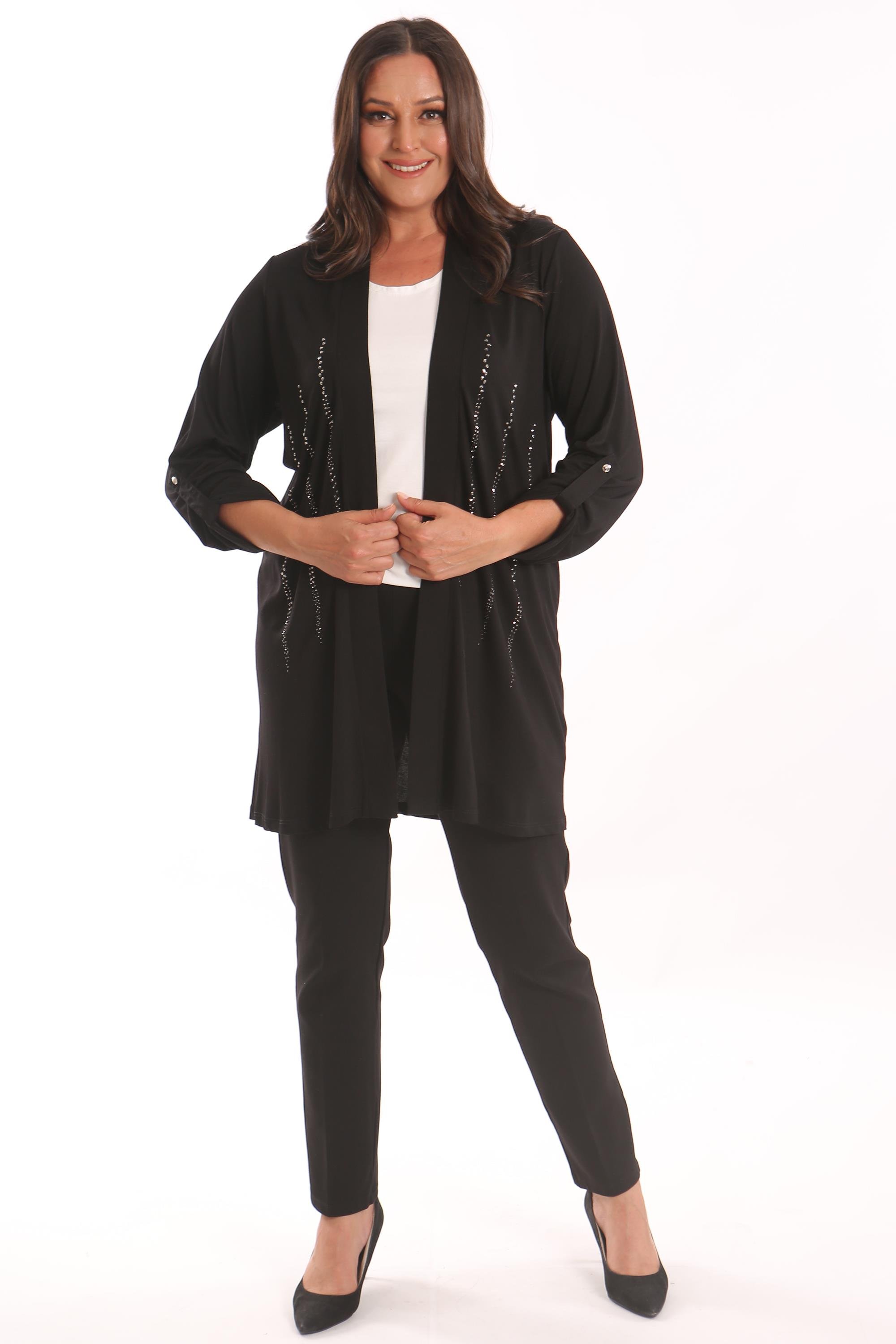 Trend42plus Büyük Beden Siyah Taş Baskılı Uzun Hırka