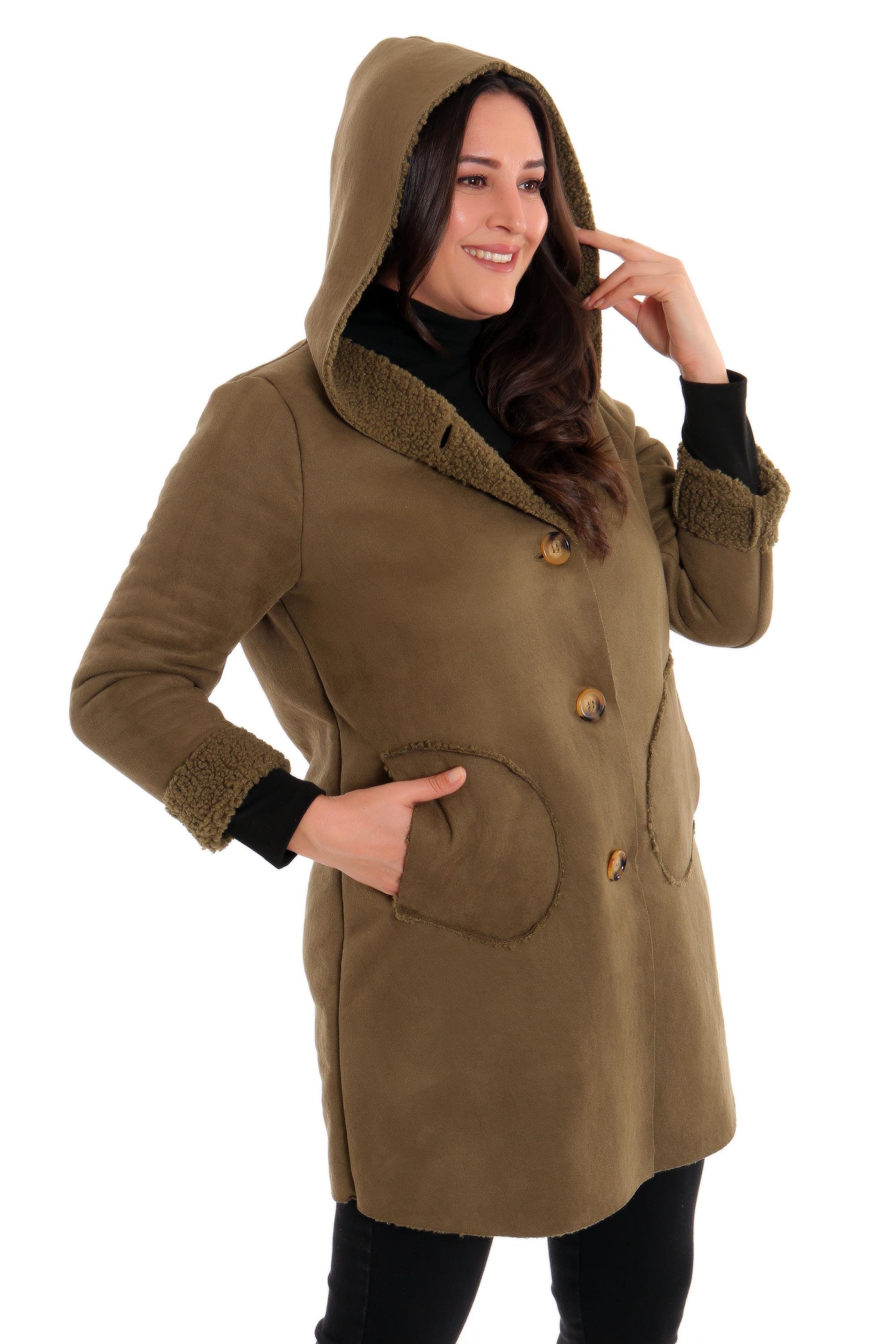 Trend42plus Büyük Beden Süet İçi Kürklü Haki Kaban