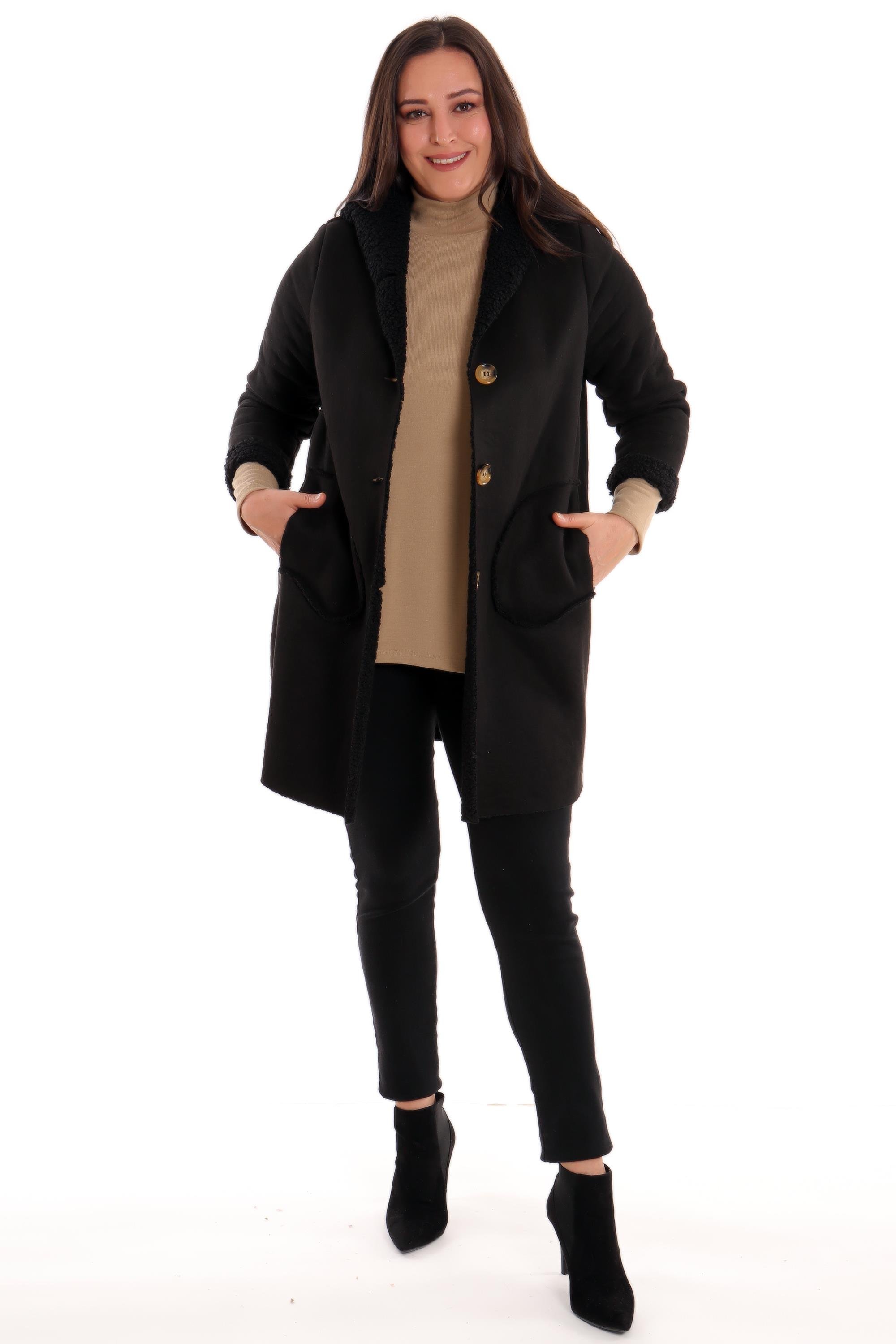 Trend42plus Büyük Beden Süet İçi Kürklü Siyah Kaban