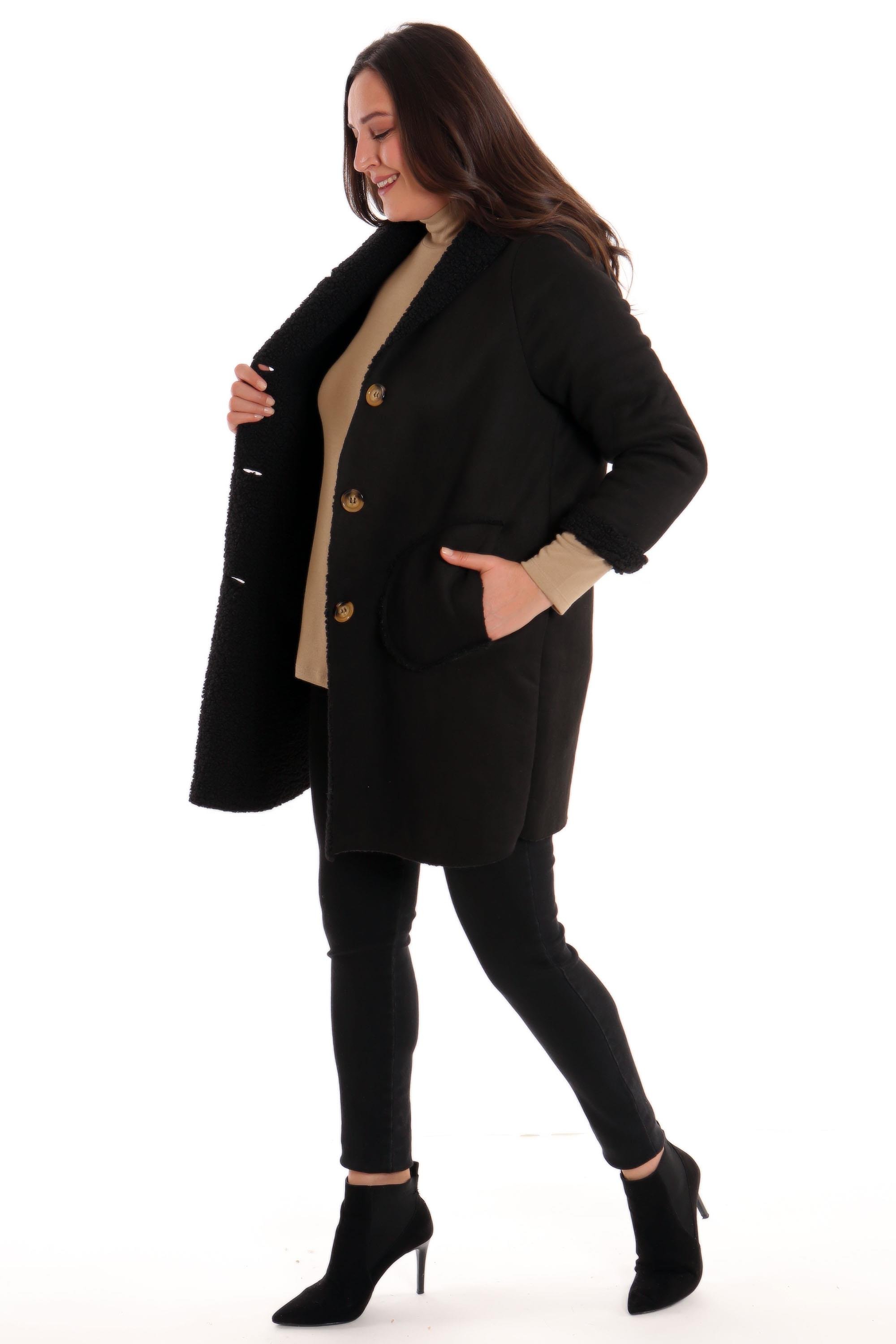 Trend42plus Büyük Beden Süet İçi Kürklü Siyah Kaban