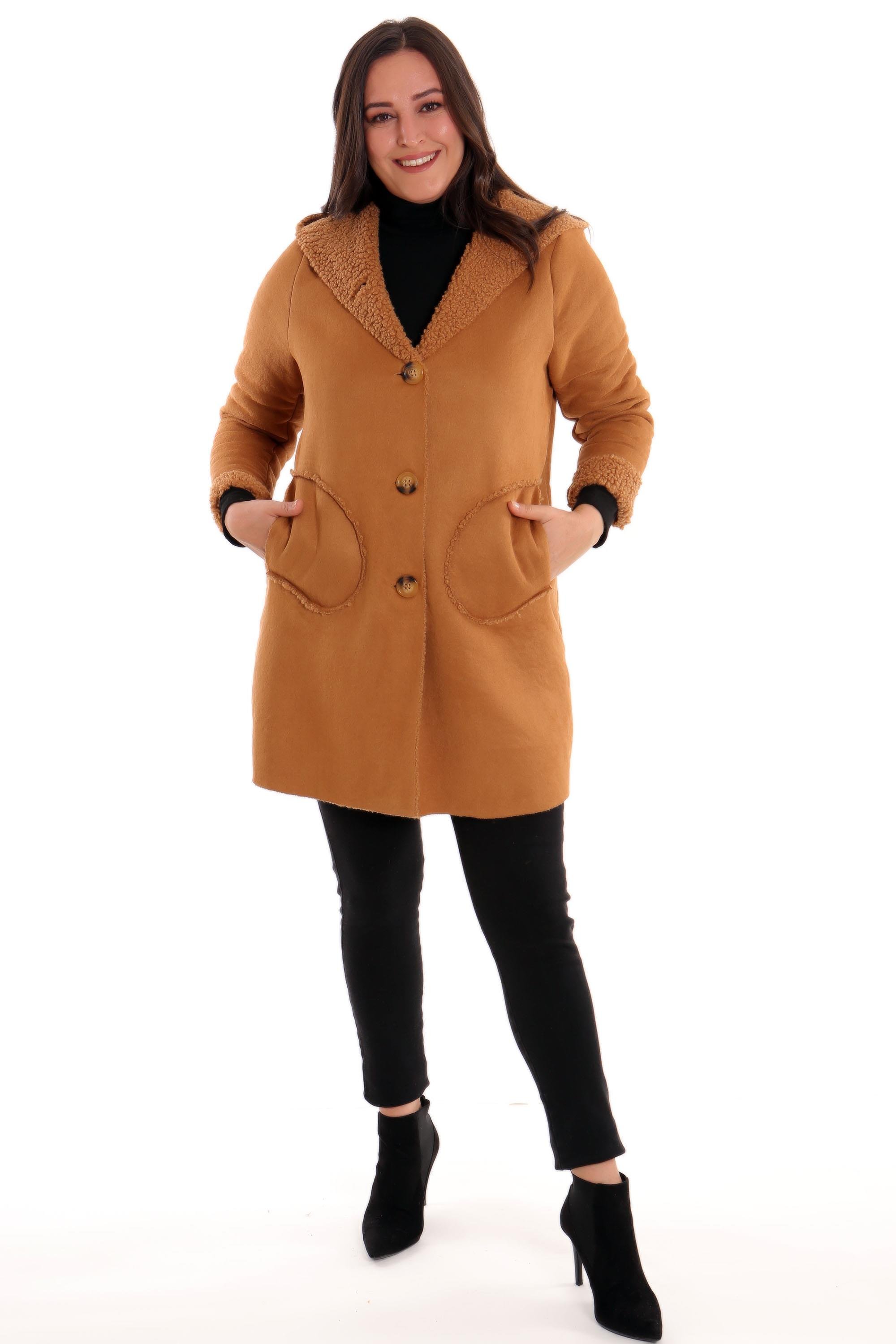 Trend42plus Büyük Beden Süet İçi Kürklü Camel Kaban