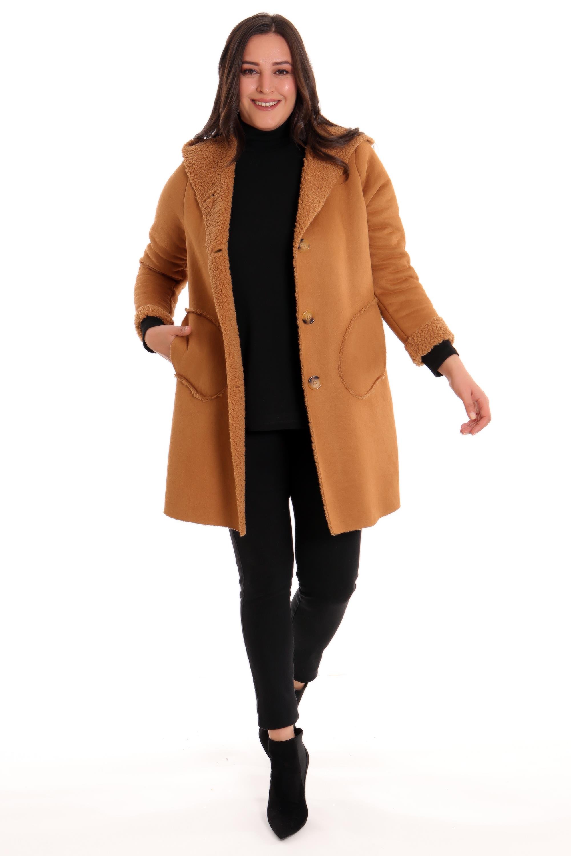 Trend42plus Büyük Beden Süet İçi Kürklü Camel Kaban