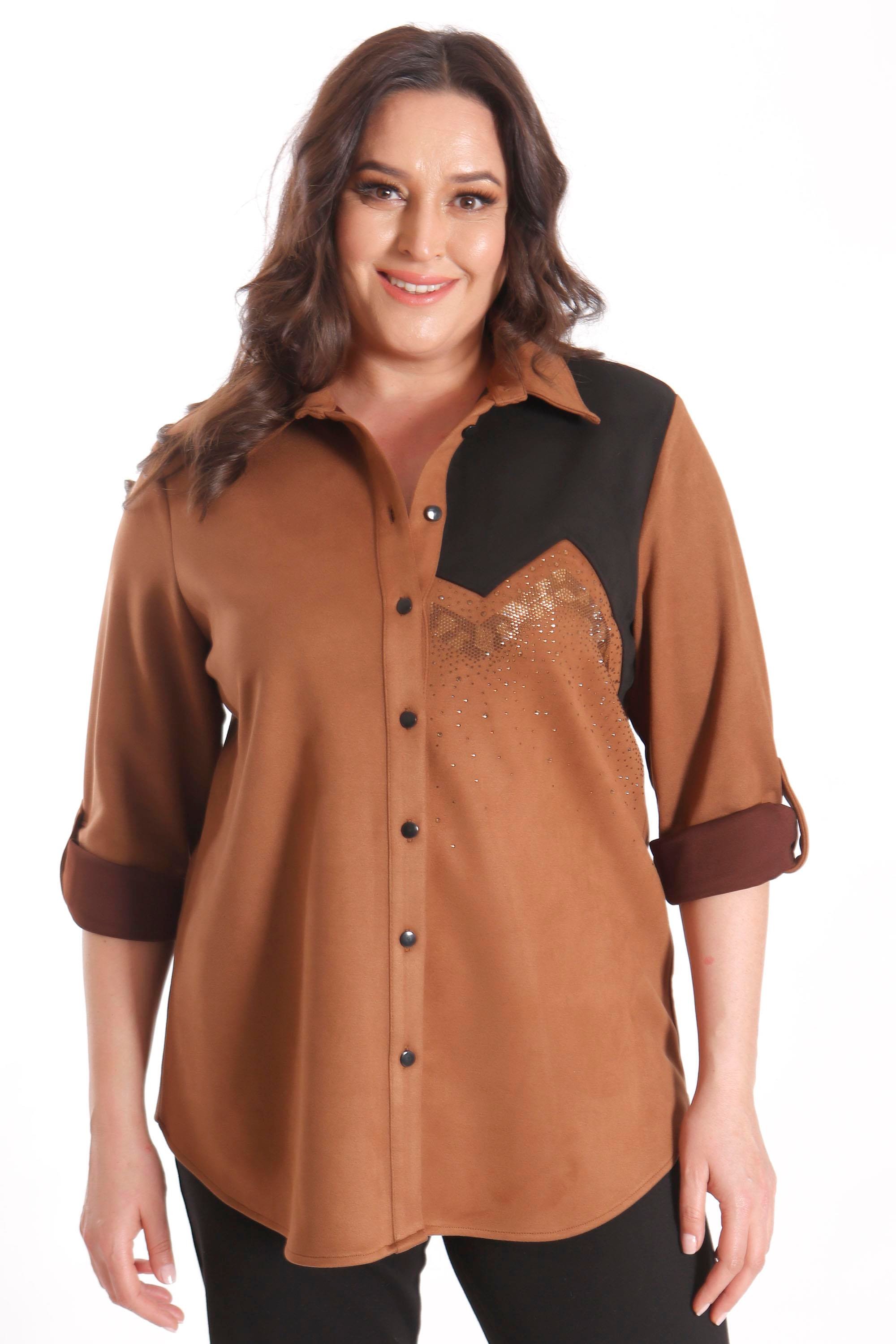 Trend42plus Büyük Beden Süet Taş Baskılı Camel Gömlek