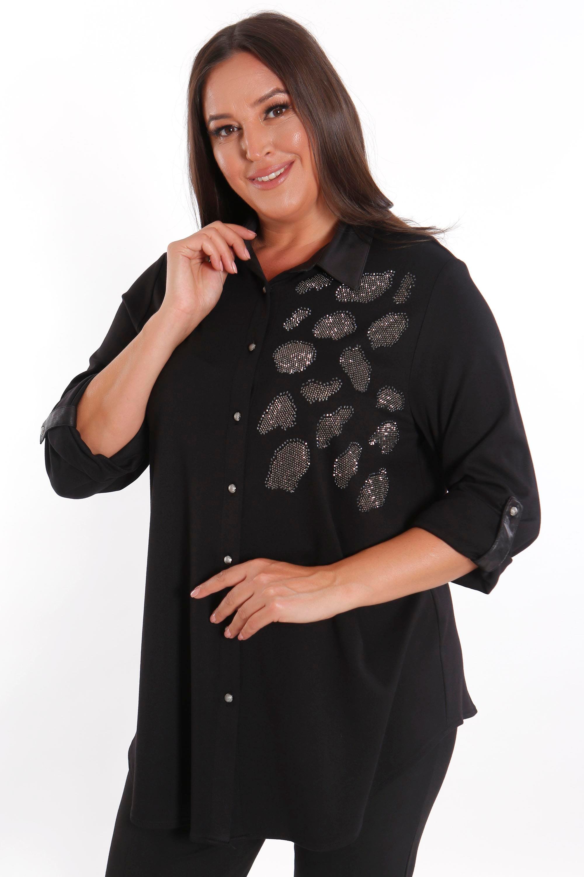 Trend42plus Büyük Beden Taş Baskı Detaylı Örme Siyah Gömlek