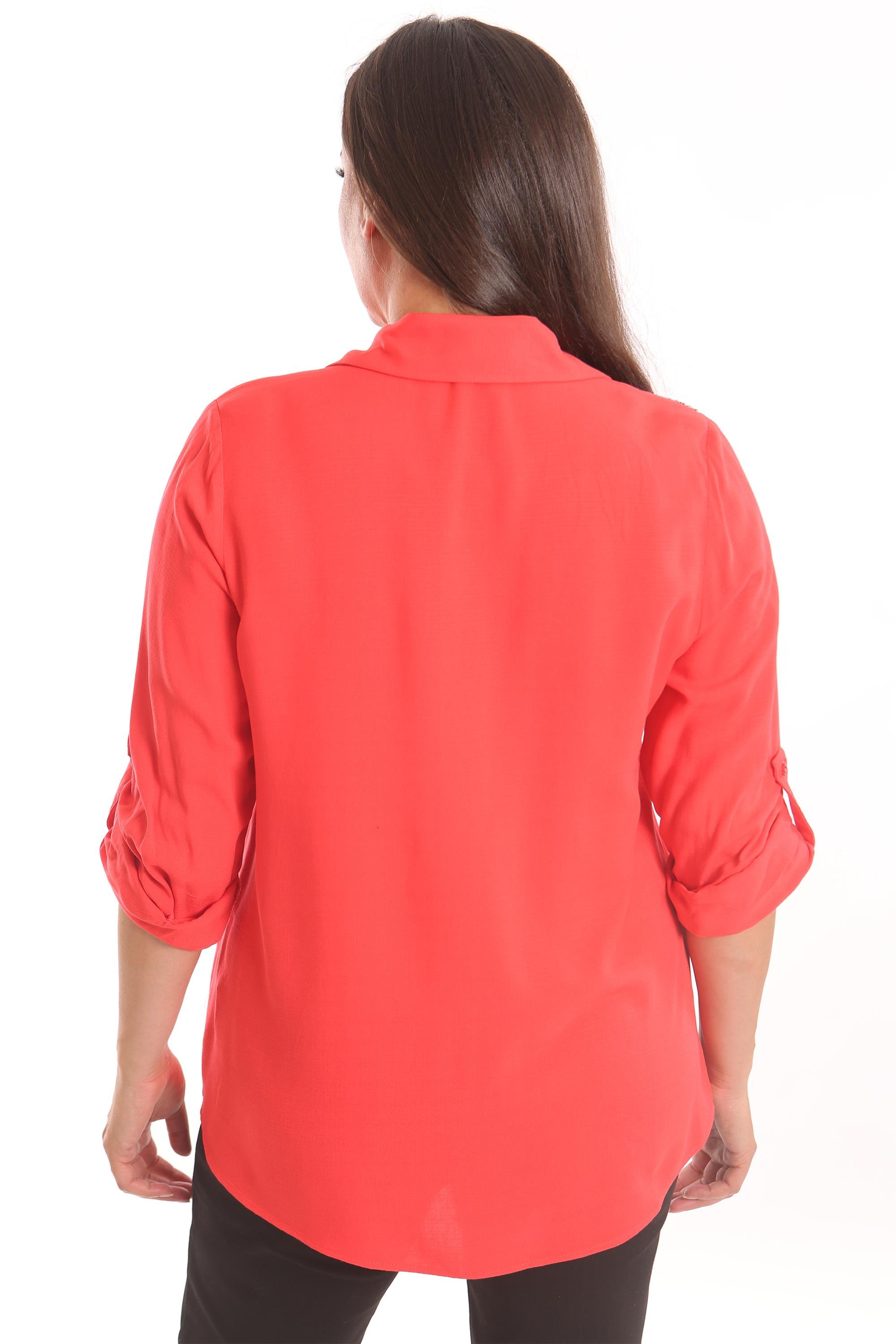 Trend42plus Büyük Beden Taş Baskı  Detaylı Dokuma Coral Gömlek