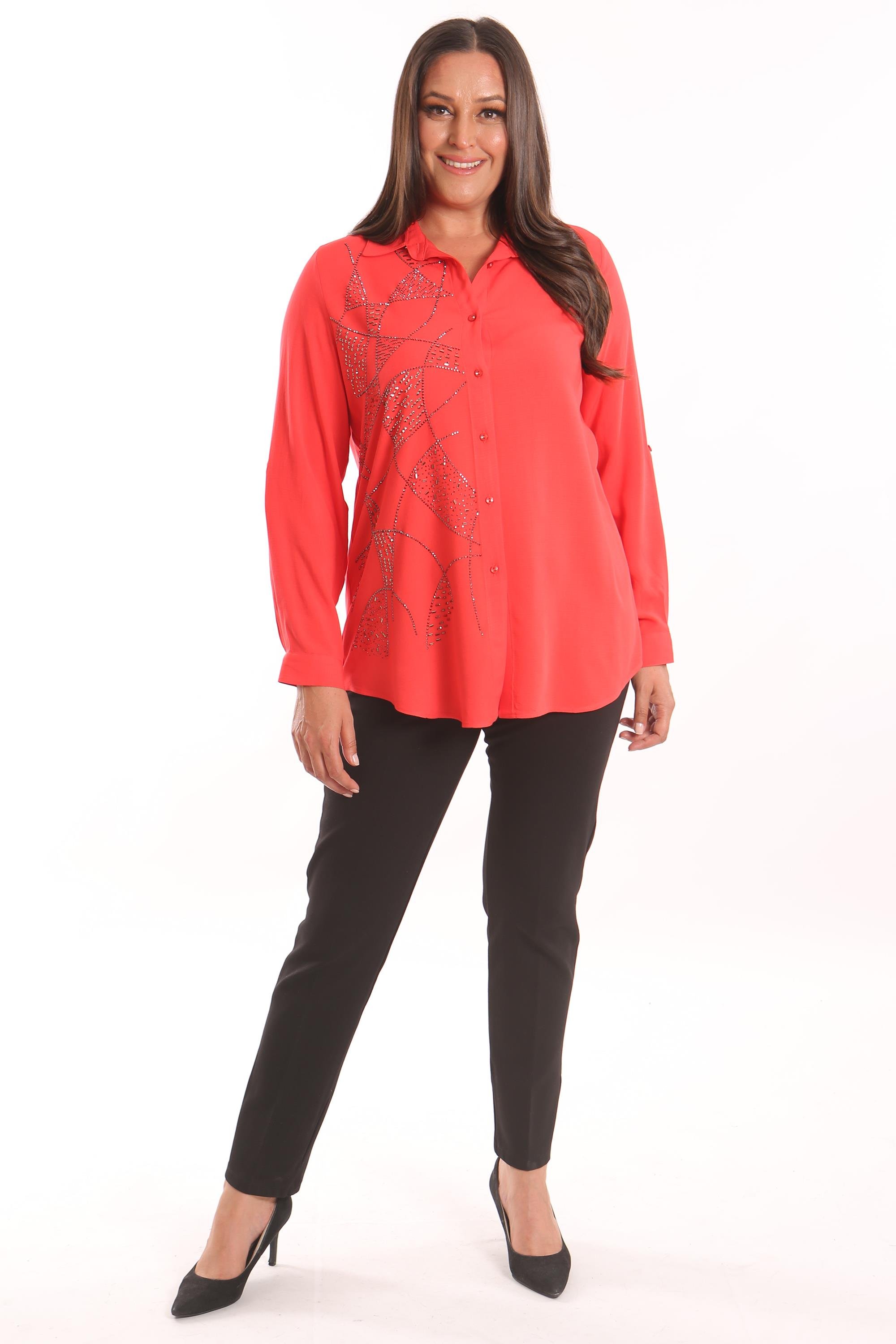 Trend42plus Büyük Beden Taş Baskı  Detaylı Dokuma Coral Gömlek