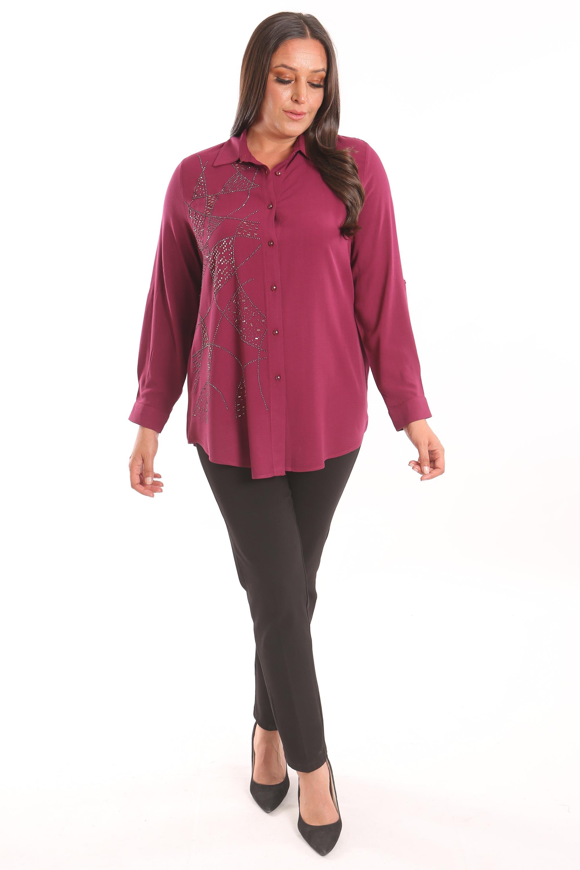 Trend42plus Büyük Beden Taş Baskı  Detaylı Dokuma Mürdüm Gömlek