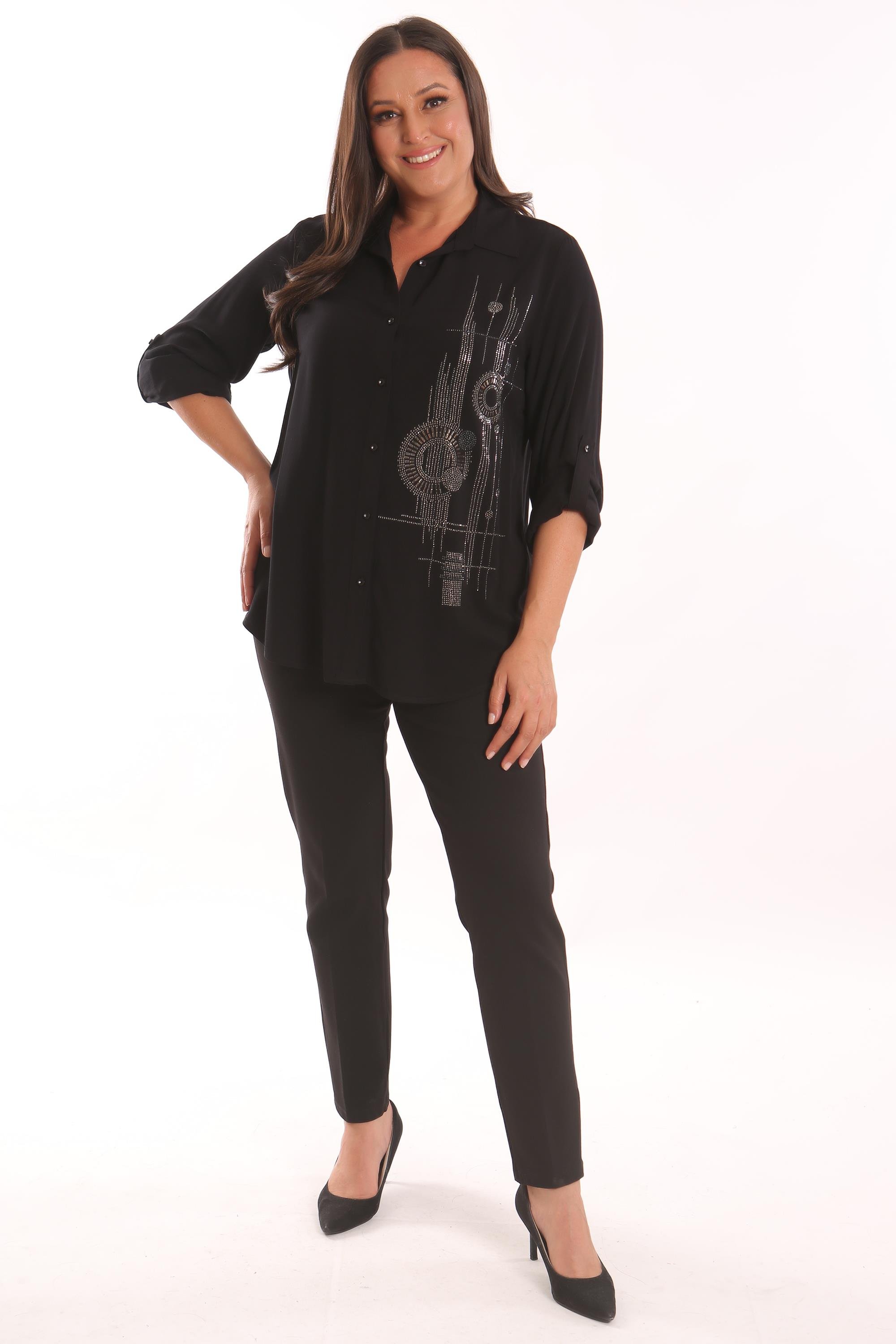 Trend42plus Büyük Beden Taş Baskı  Detaylı Dokuma Siyah Gömlek