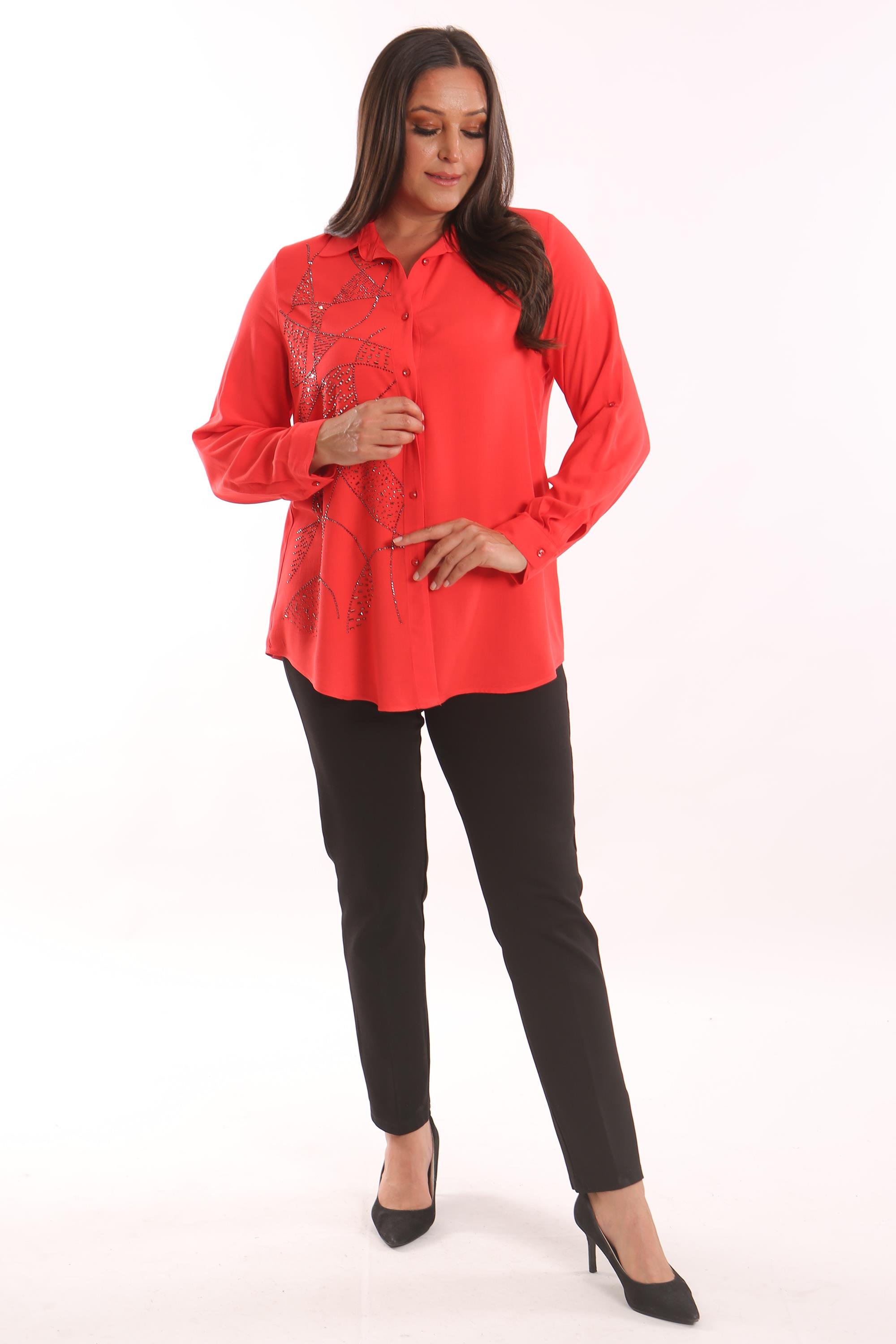 Trend42plus Büyük Beden Taş Baskı  Detaylı Dokuma Coral Gömlek