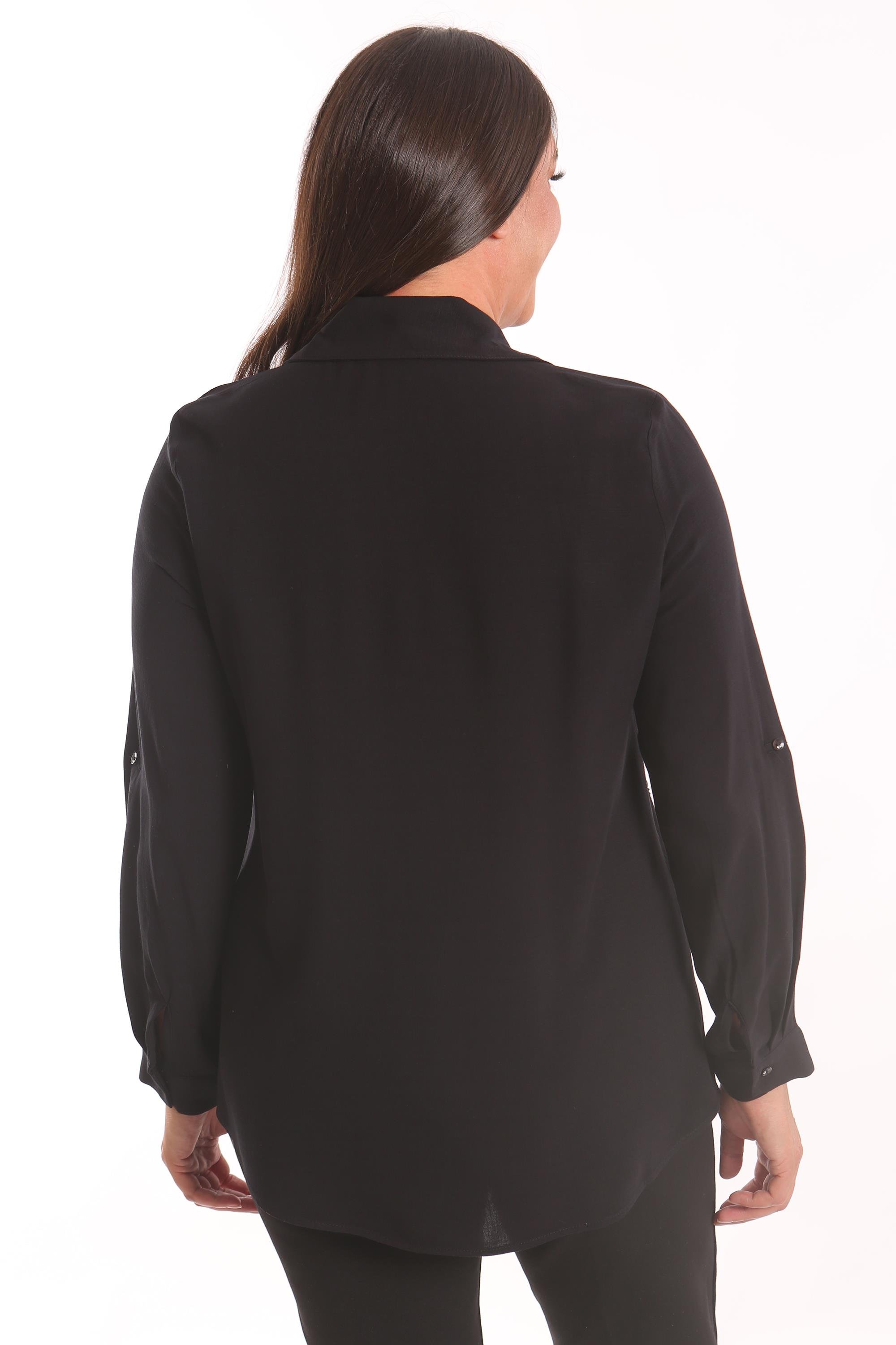 Trend42plus Büyük Beden Taş Baskı  Detaylı Dokuma Siyah Gömlek