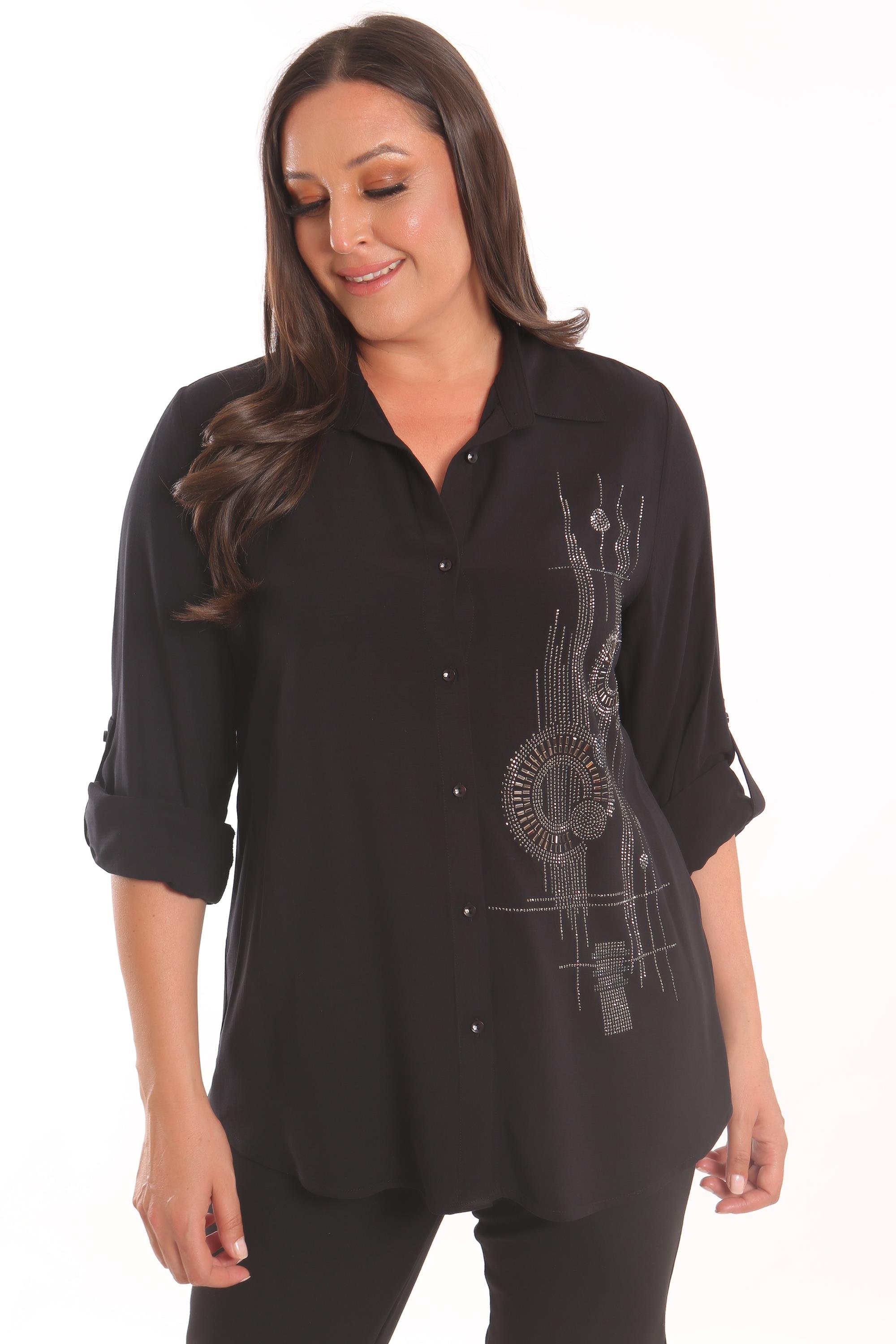 Trend42plus Büyük Beden Taş Baskı  Detaylı Dokuma Siyah Gömlek