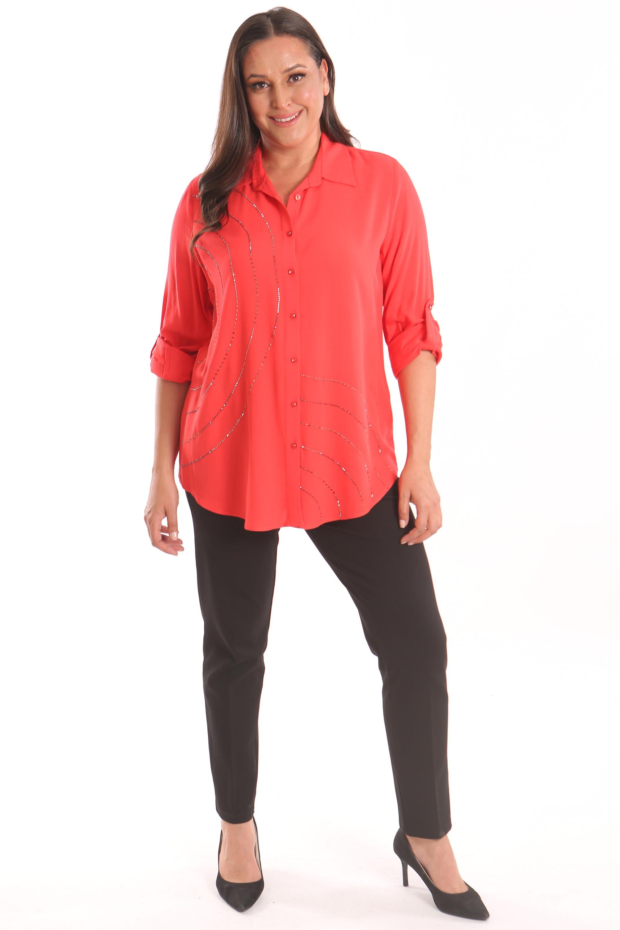Trend42plus Büyük Beden Taş Baskı  Detaylı Dokuma Coral Gömlek