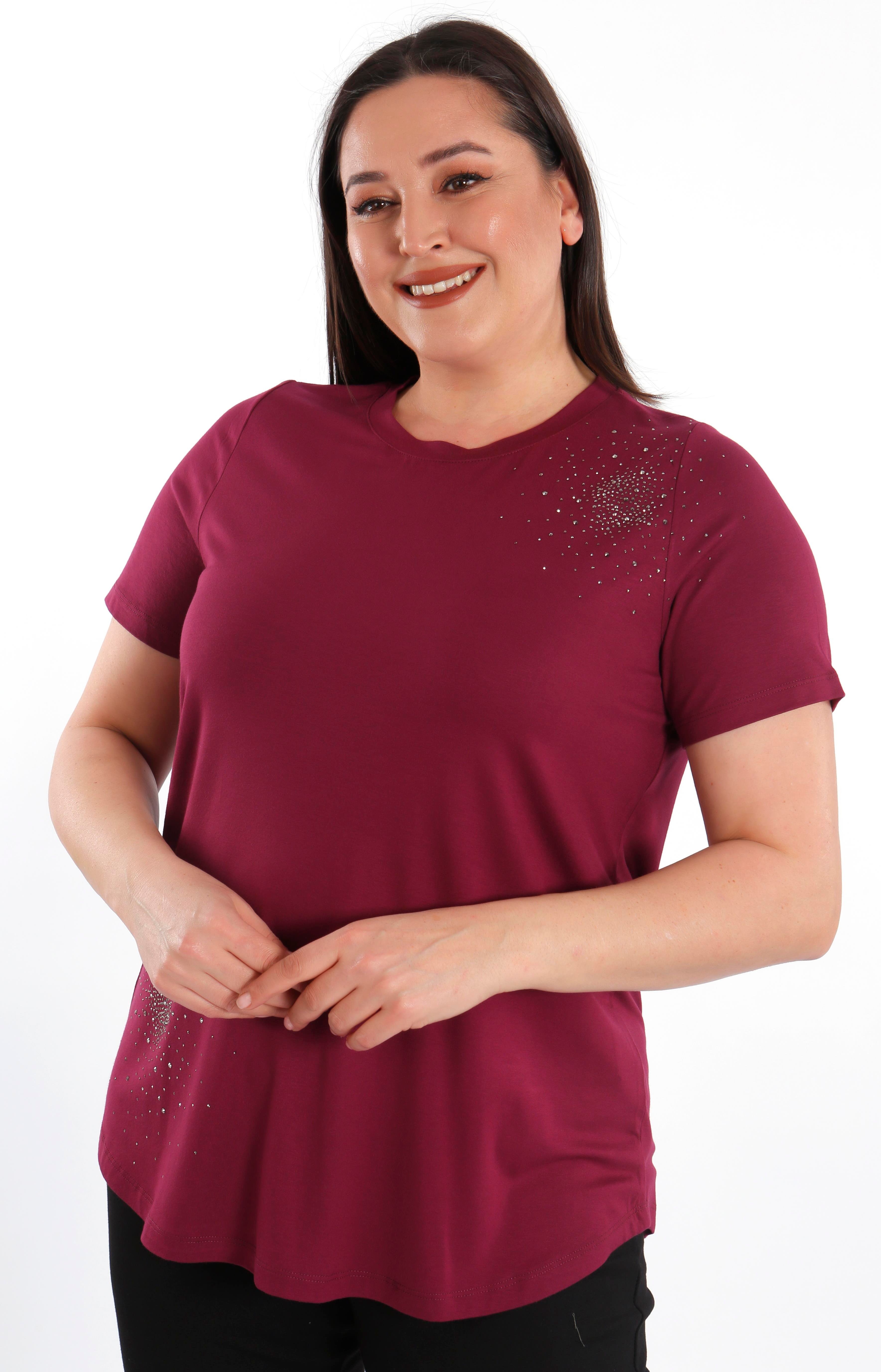 Trend42plus Büyük Beden Taş Baskılı Bordo Bluz