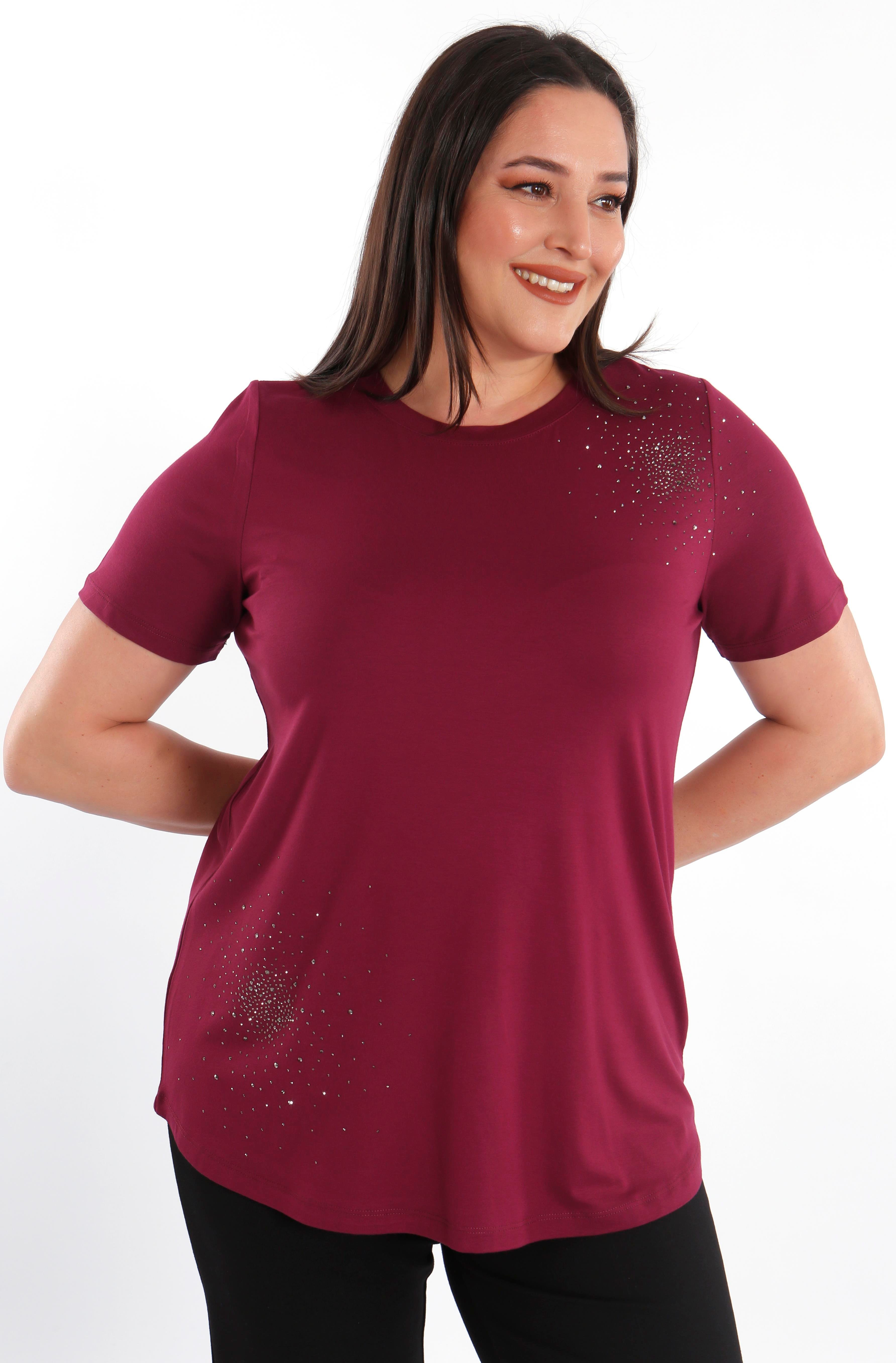 Trend42plus Büyük Beden Taş Baskılı Bordo Bluz