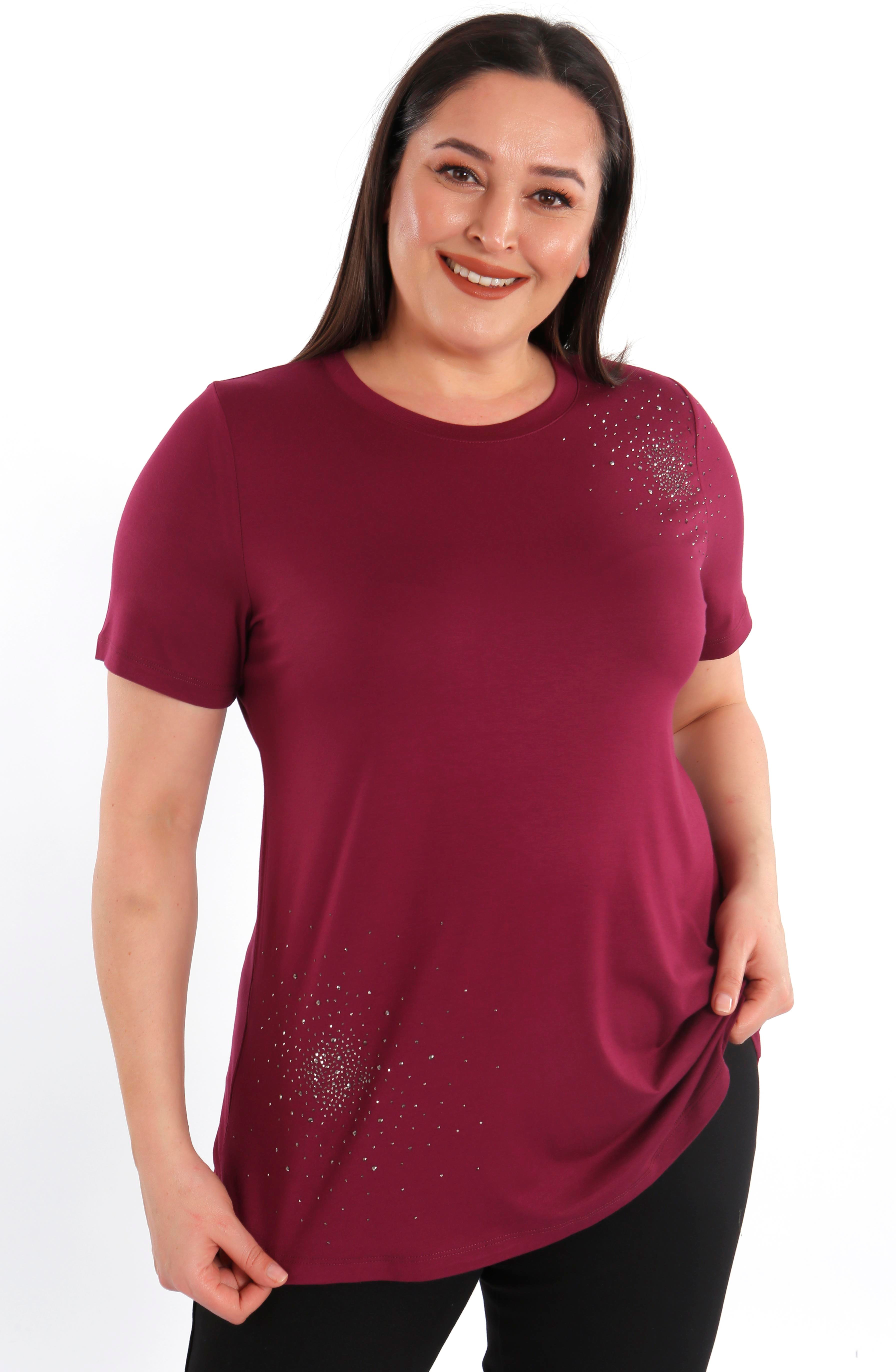 Trend42plus Büyük Beden Taş Baskılı Bordo Bluz