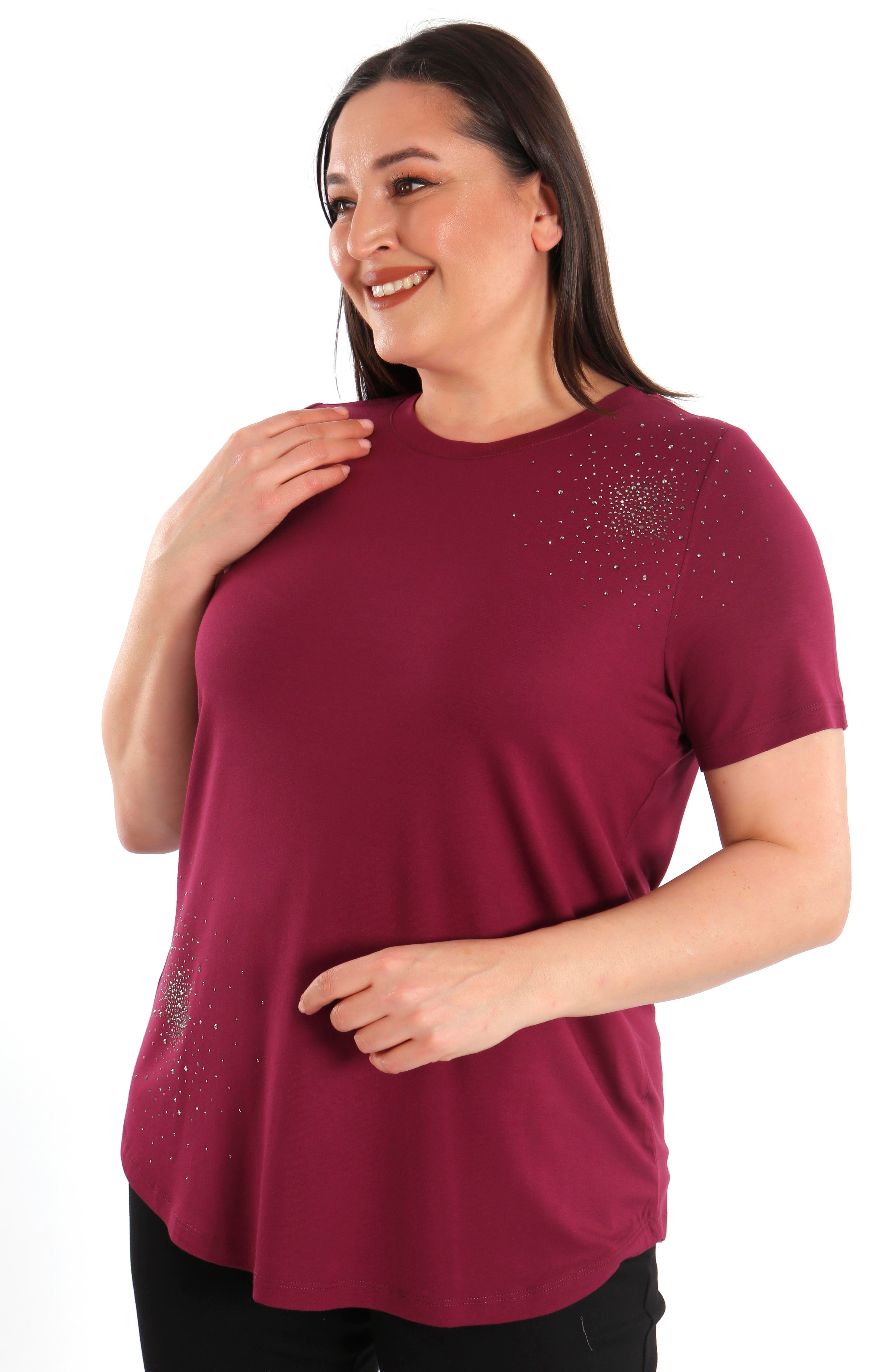 Trend42plus Büyük Beden Taş Baskılı Bordo Bluz