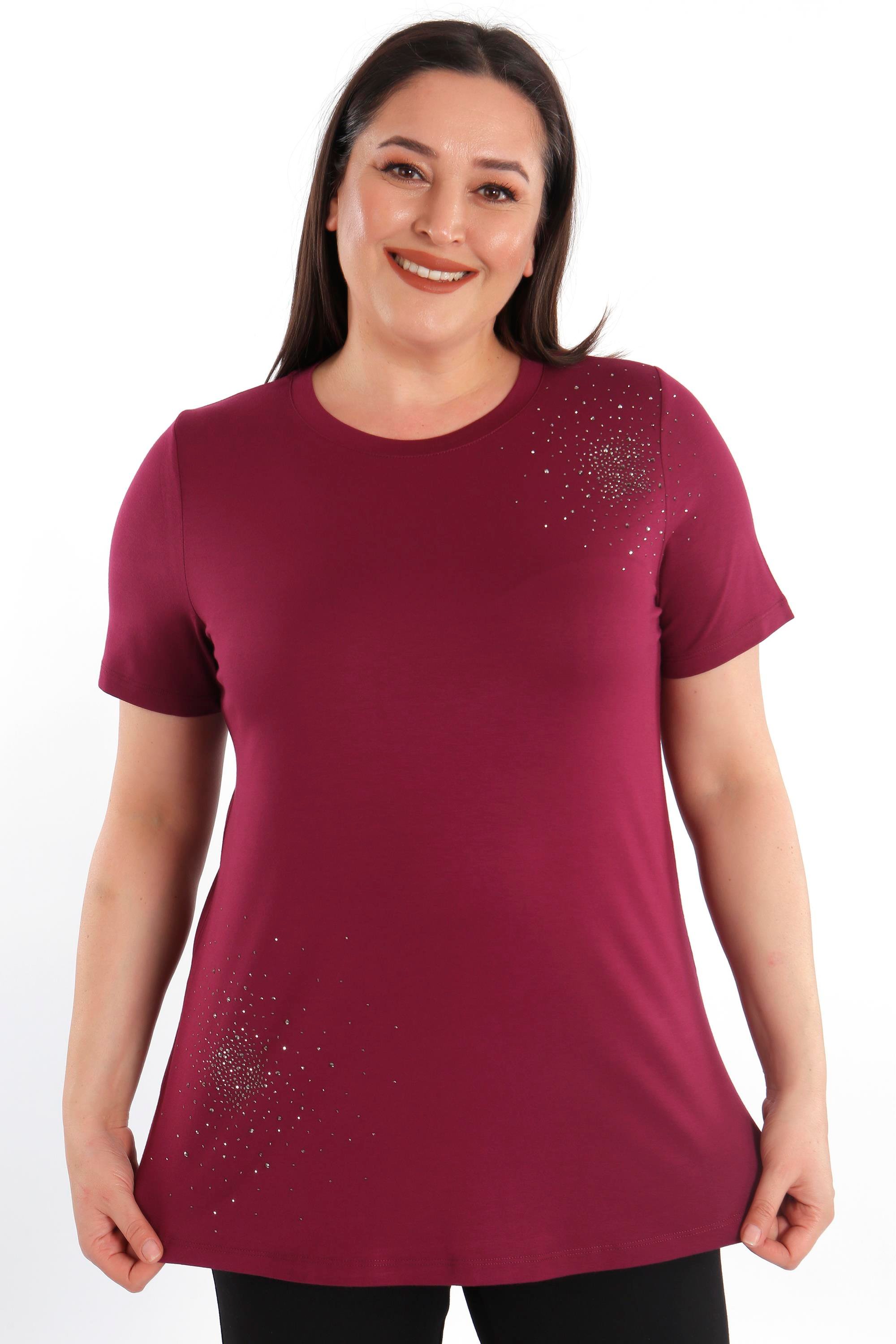 Trend42plus Büyük Beden Taş Baskılı Bordo Bluz
