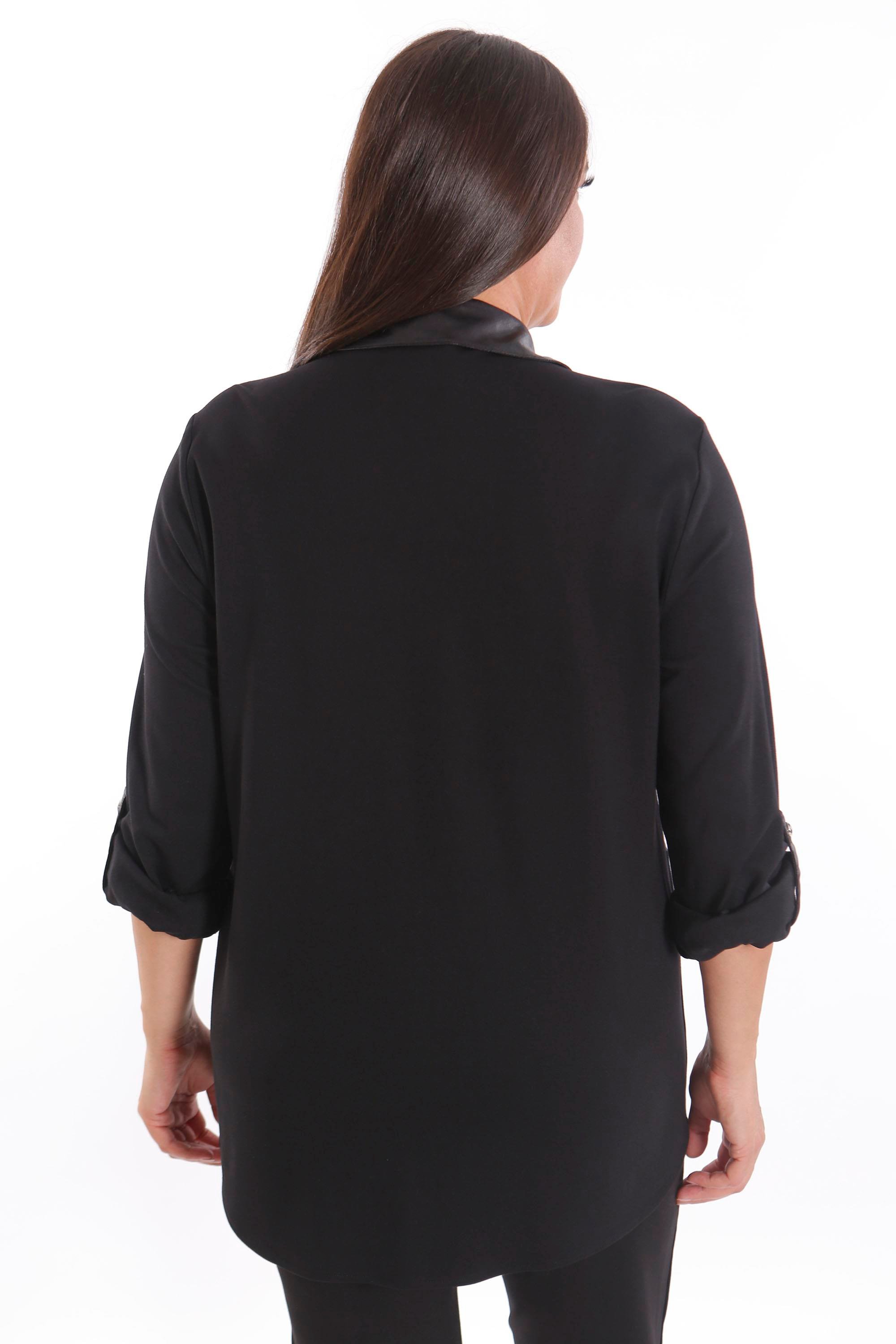 Trend42plus Büyük Beden Taş Baskılı Deri Garnili Siyah Gömlek