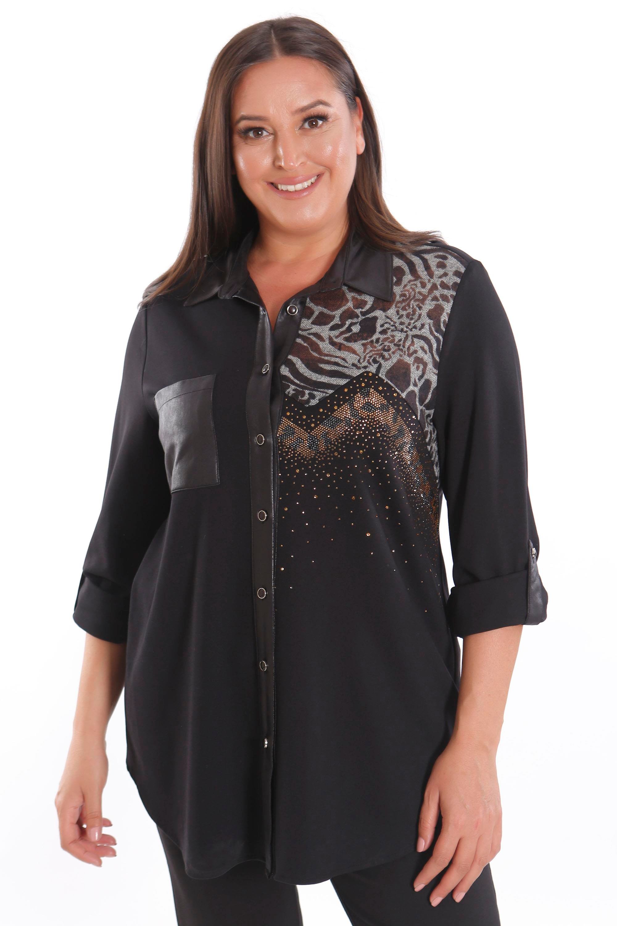 Trend42plus Büyük Beden Taş Baskılı Deri Cep Detaylı Örme Siyah Gömlek