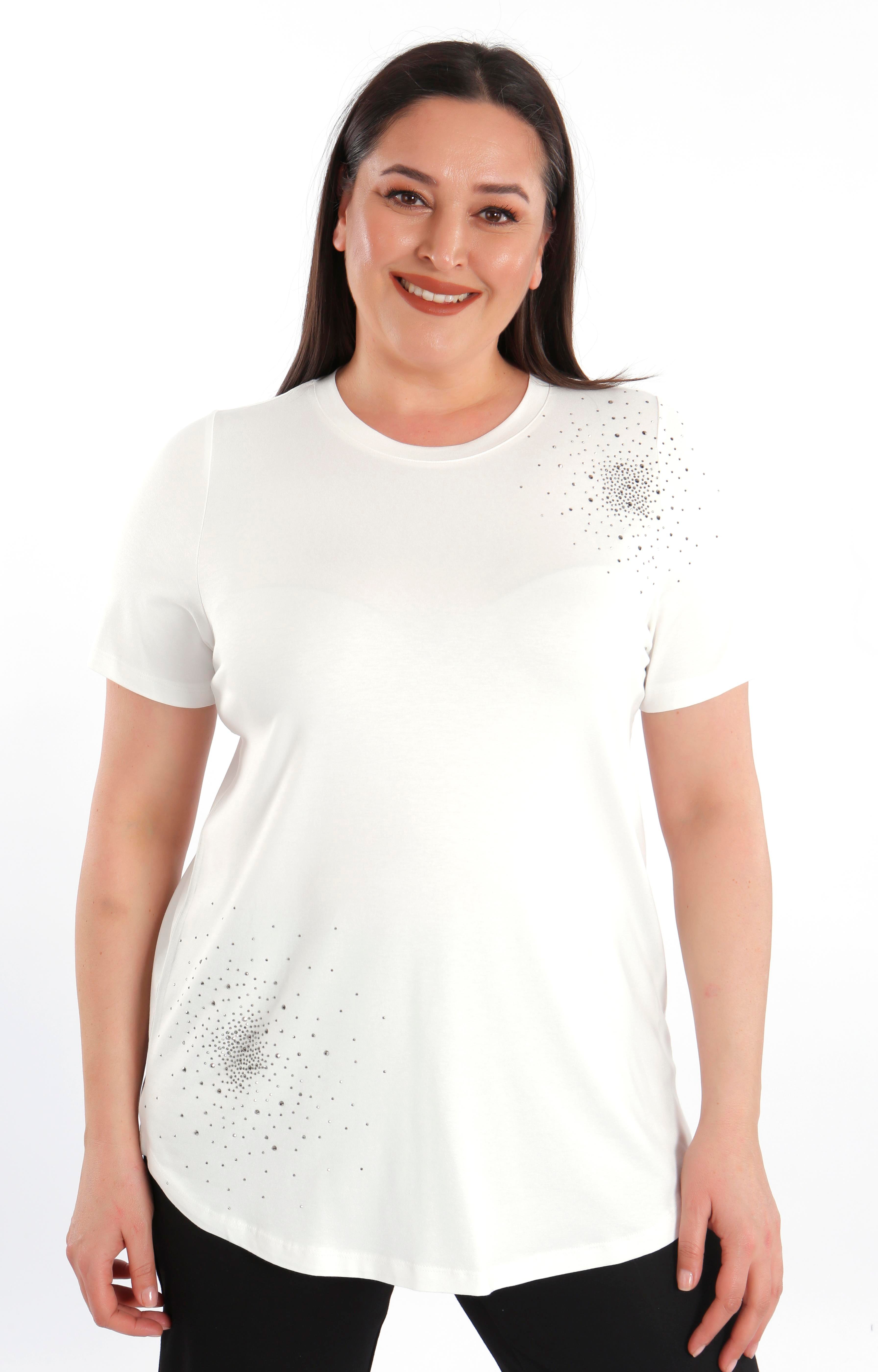 Trend42plus Büyük Beden Taş Baskılı Ekru Bluz