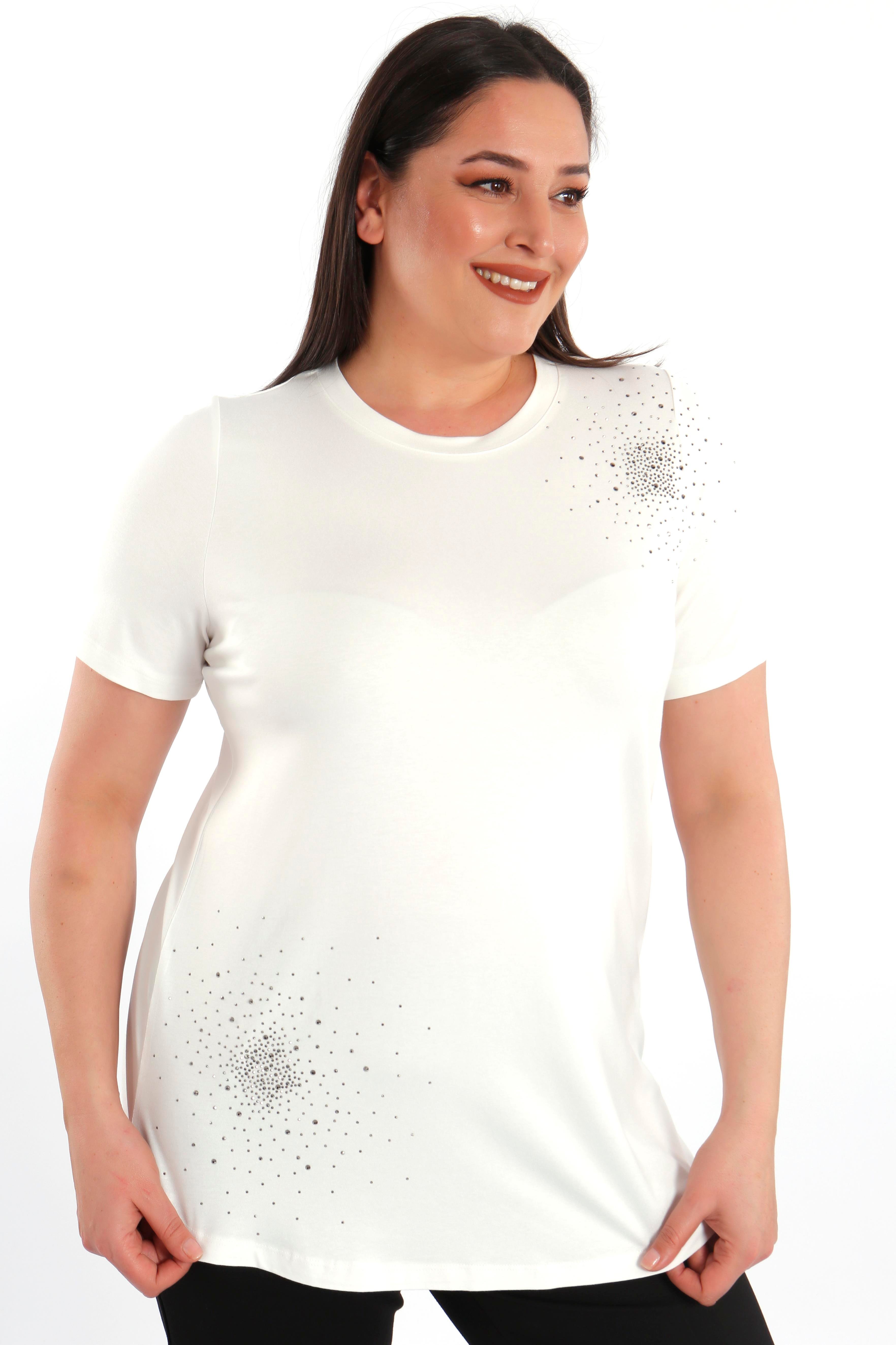 Trend42plus Büyük Beden Taş Baskılı Ekru Bluz