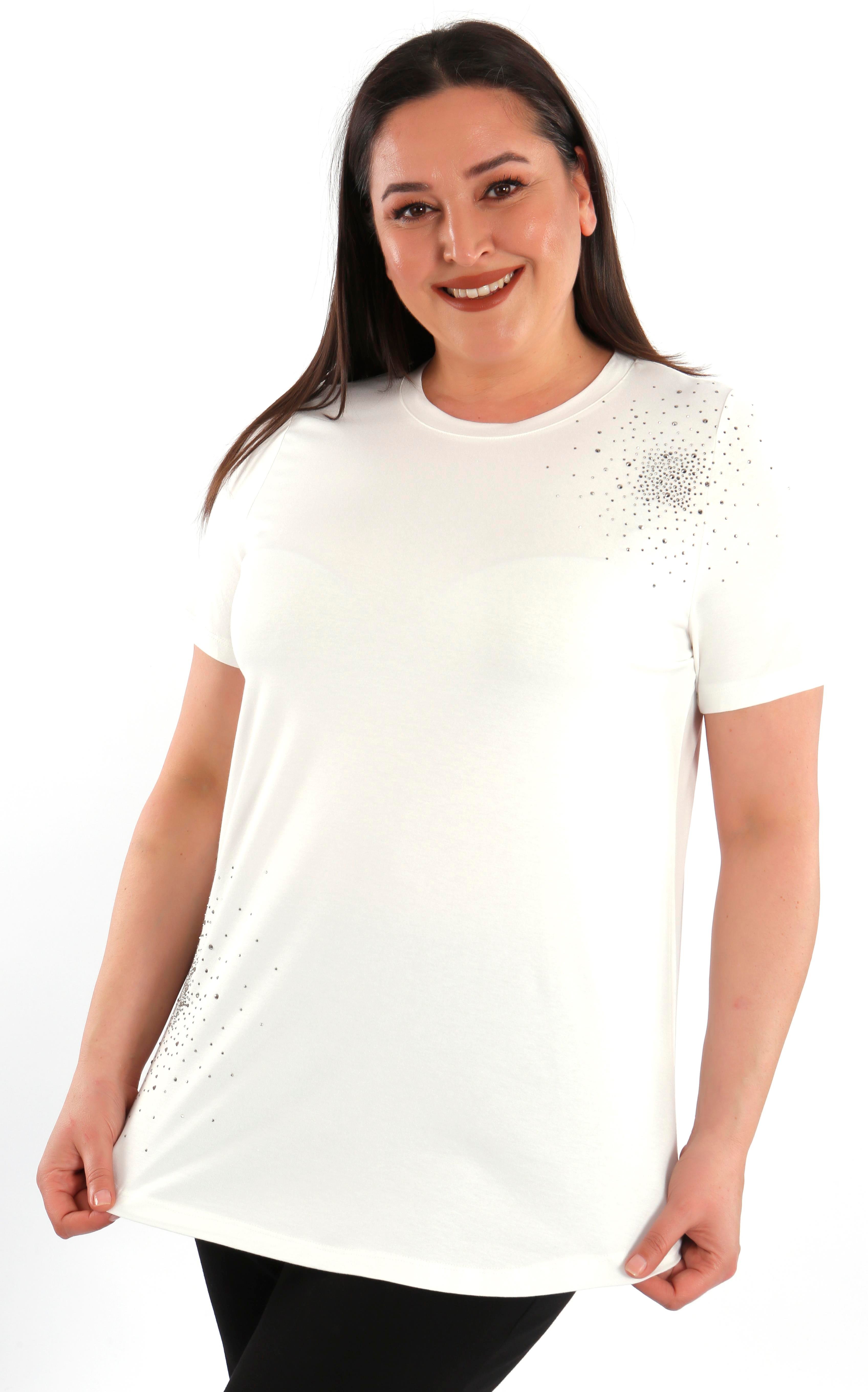 Trend42plus Büyük Beden Taş Baskılı Ekru Bluz