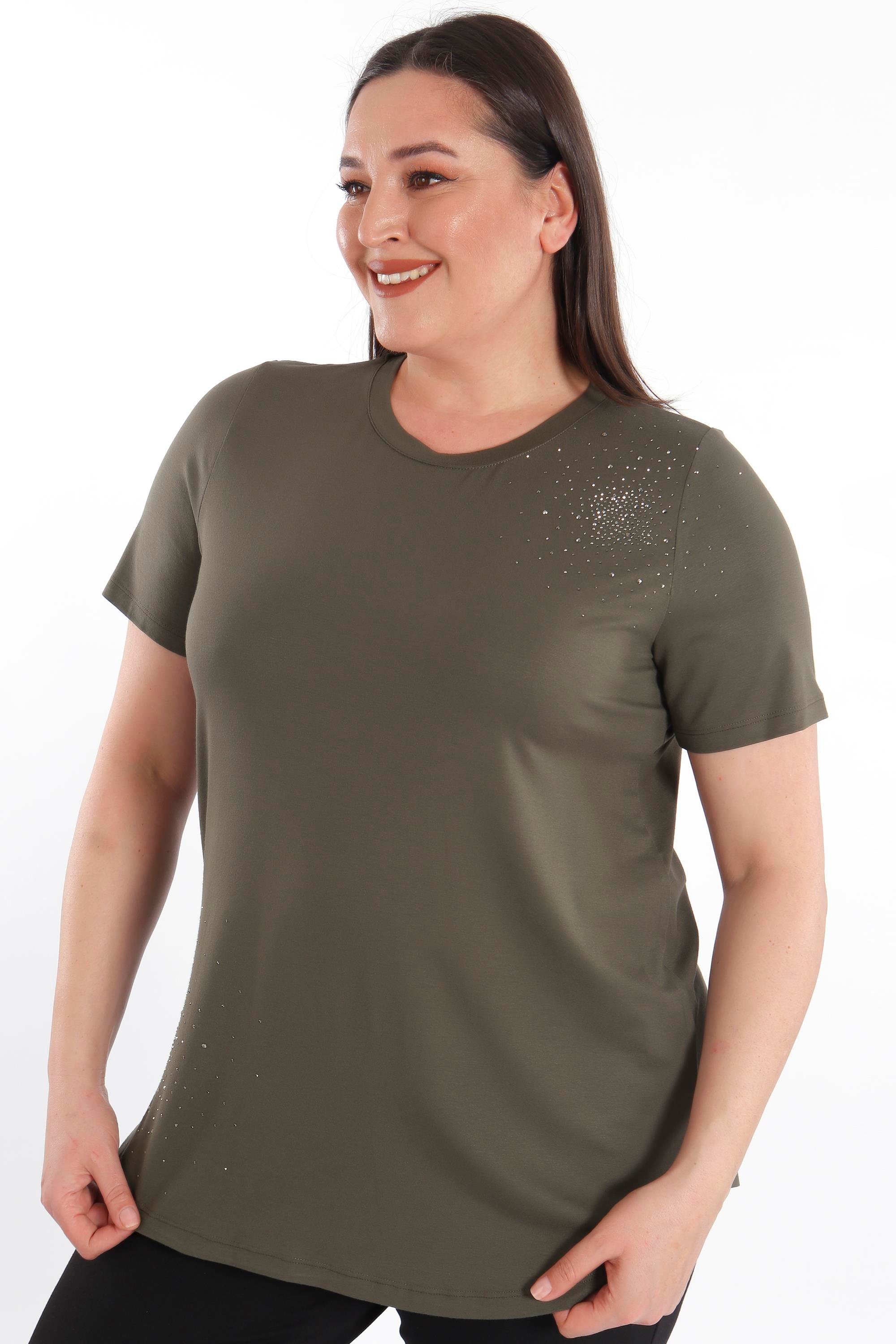 Trend42plus Büyük Beden Taş Baskılı Haki Bluz