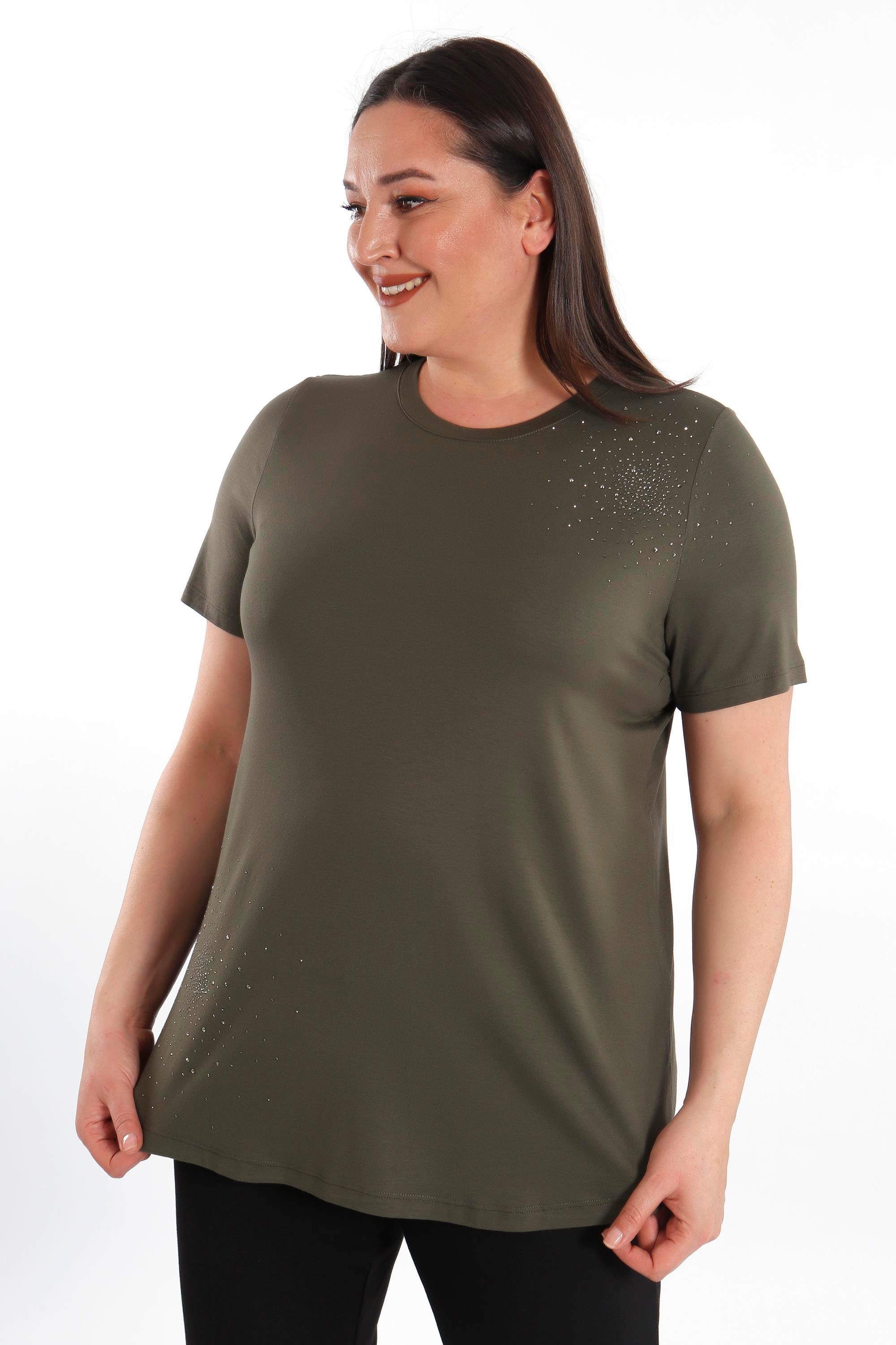 Trend42plus Büyük Beden Taş Baskılı Haki Bluz