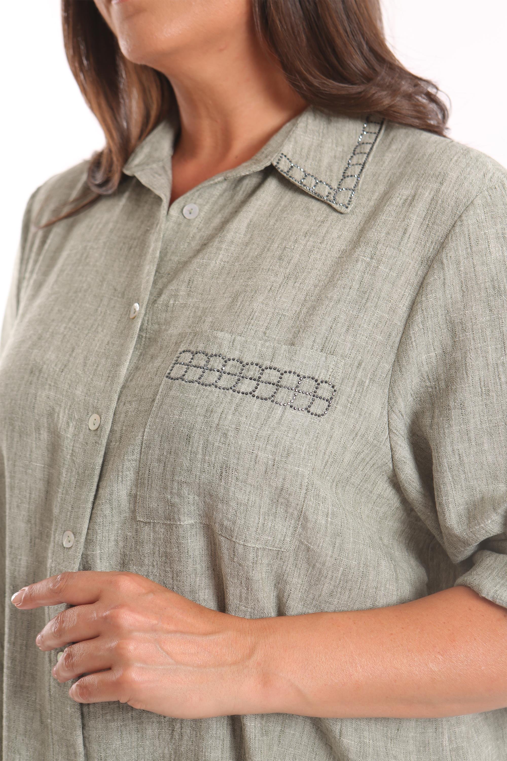 Trend42plus Büyük Beden Taş Baskılı Haki Gömlek