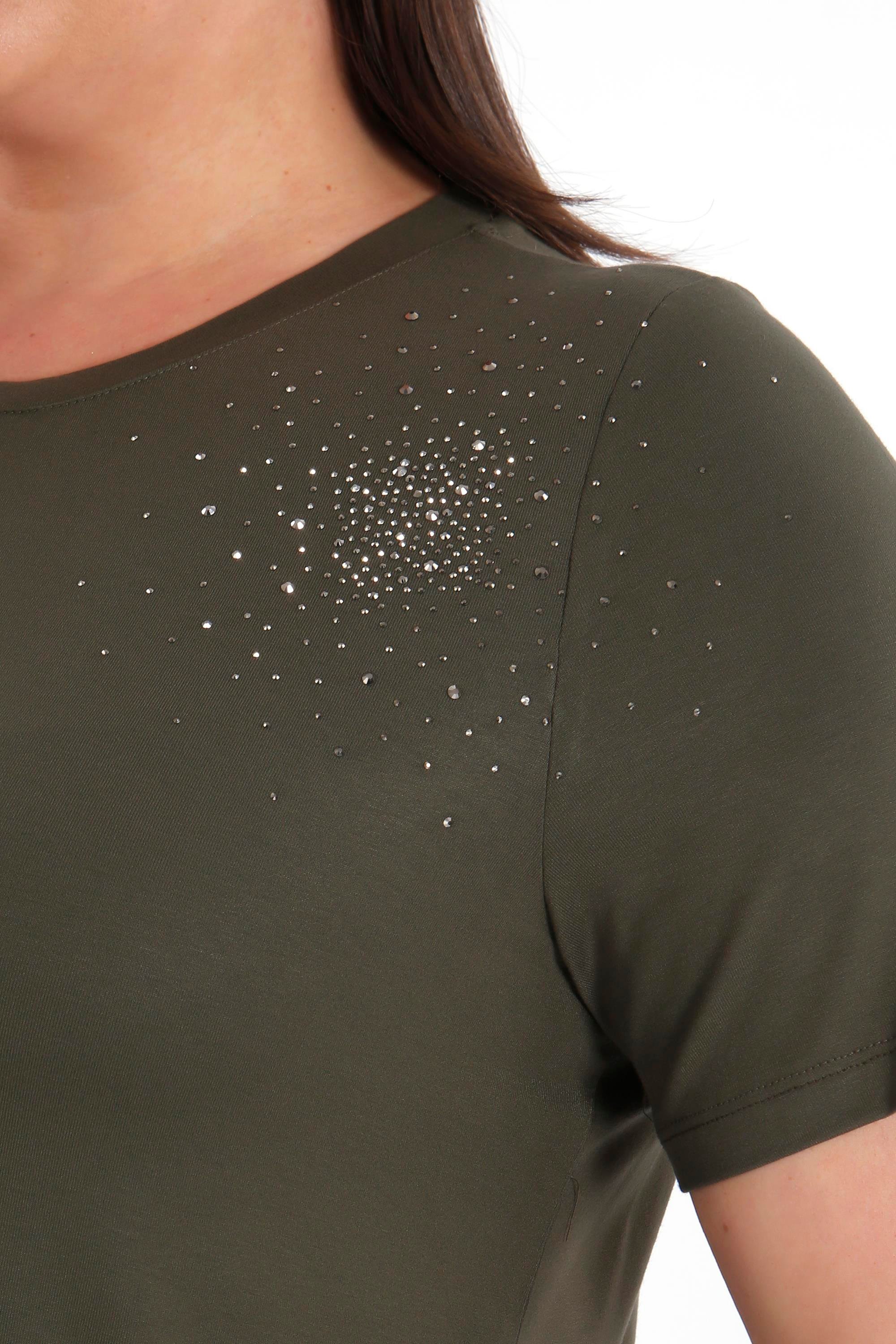 Trend42plus Büyük Beden Taş Baskılı Haki Bluz