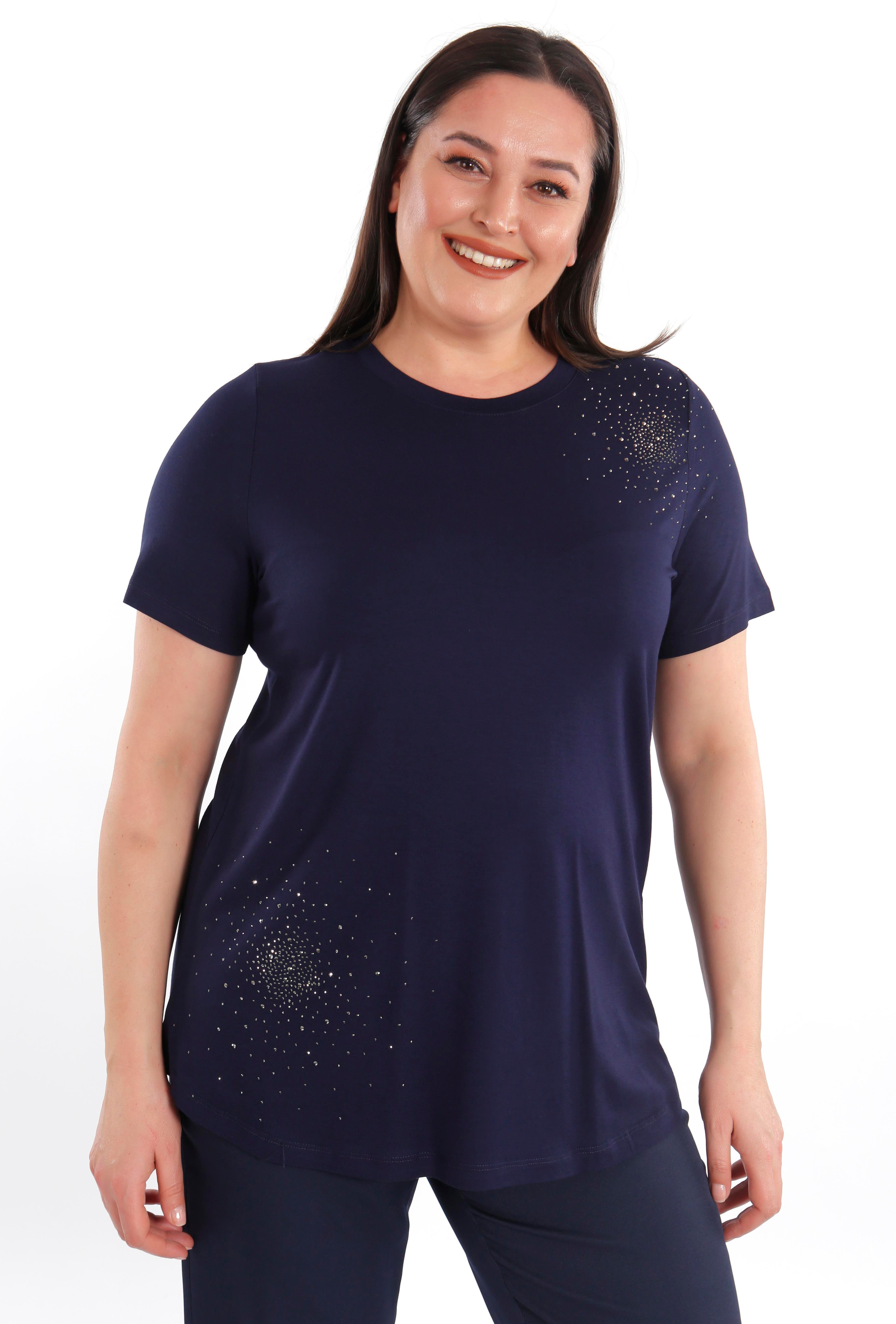 Trend42plus Büyük Beden Taş Baskılı Lacivert Bluz