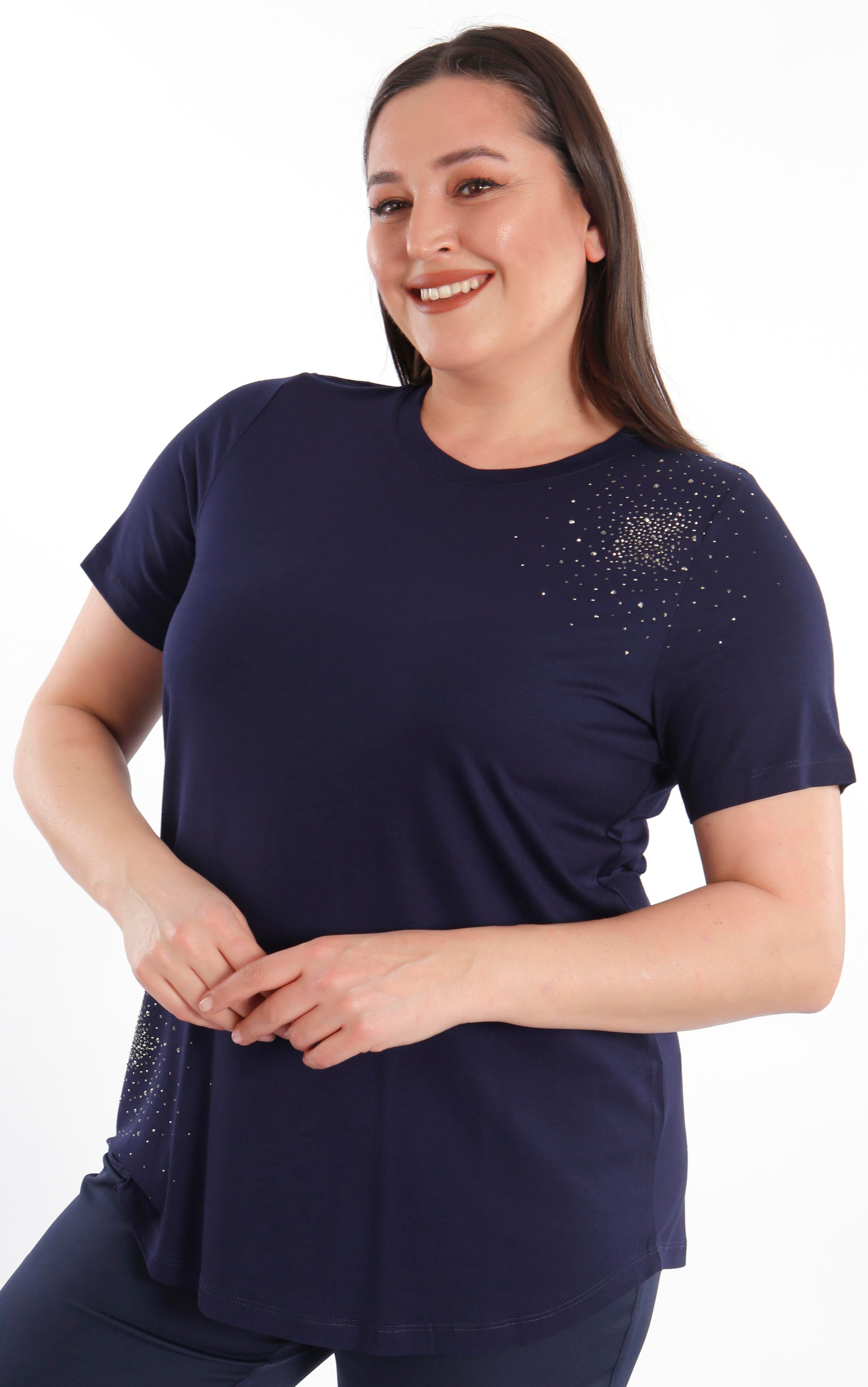 Trend42plus Büyük Beden Taş Baskılı Lacivert Bluz