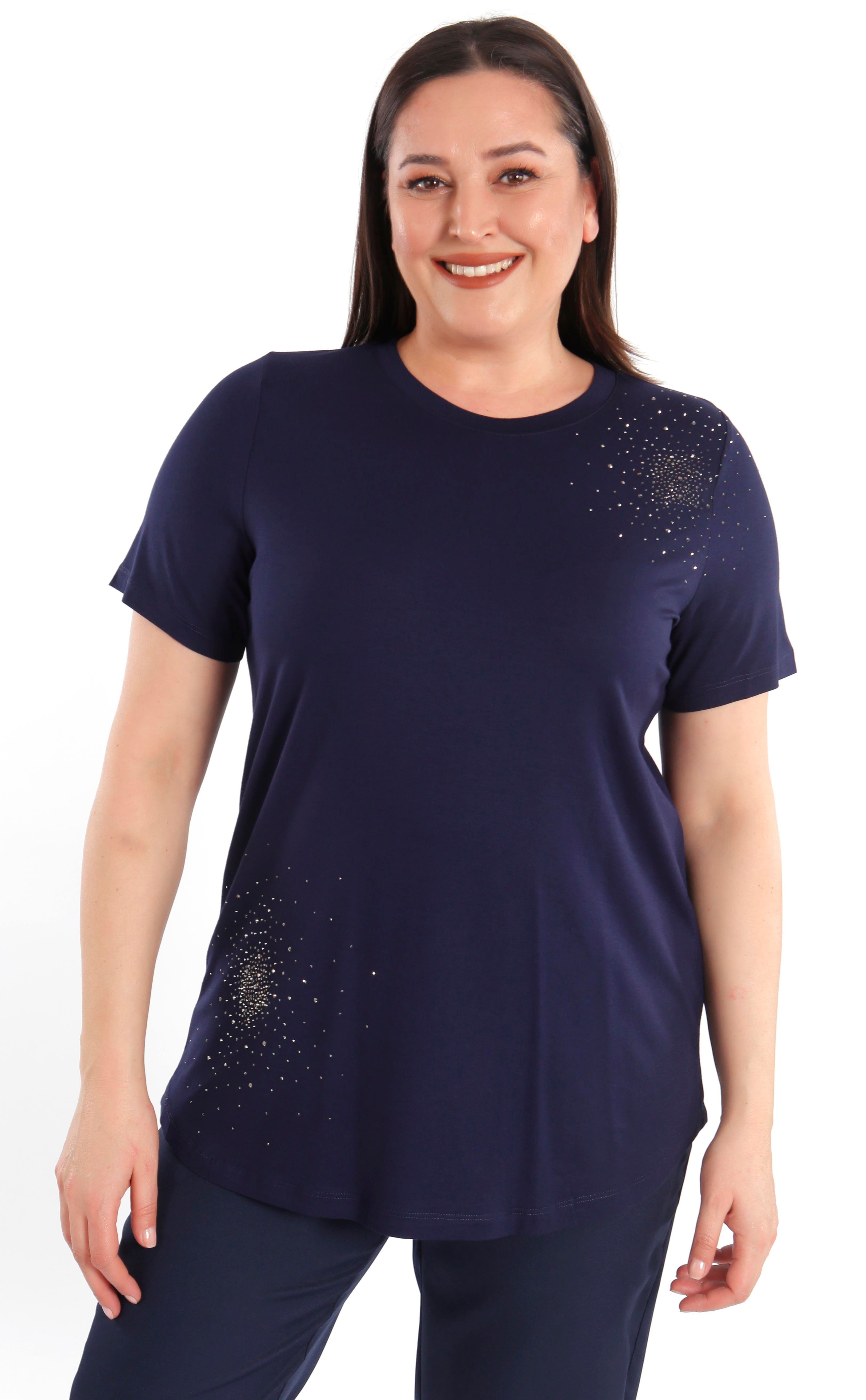 Trend42plus Büyük Beden Taş Baskılı Lacivert Bluz