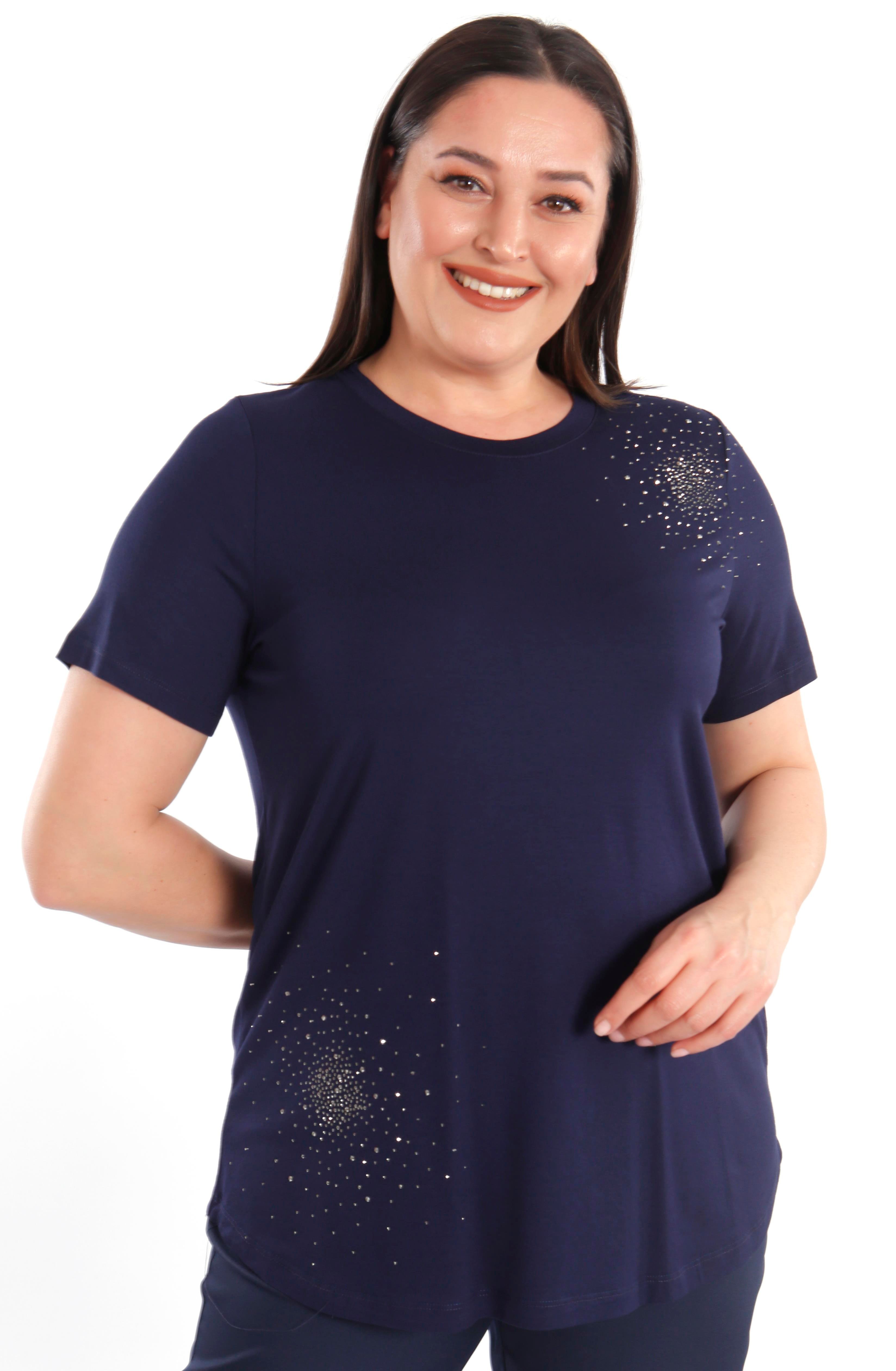 Trend42plus Büyük Beden Taş Baskılı Lacivert Bluz