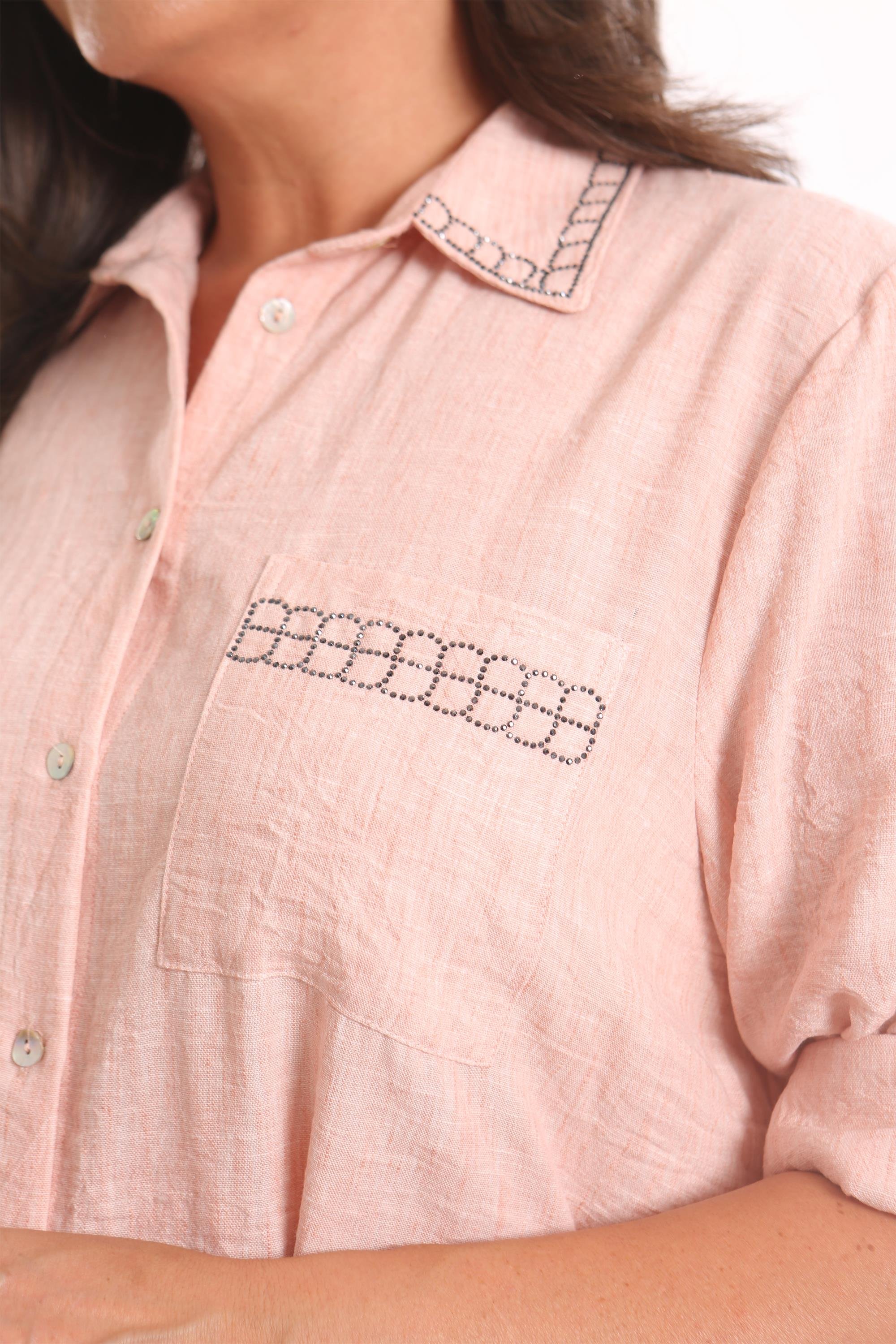 Trend42plus Büyük Beden Taş Baskılı Pudra Gömlek