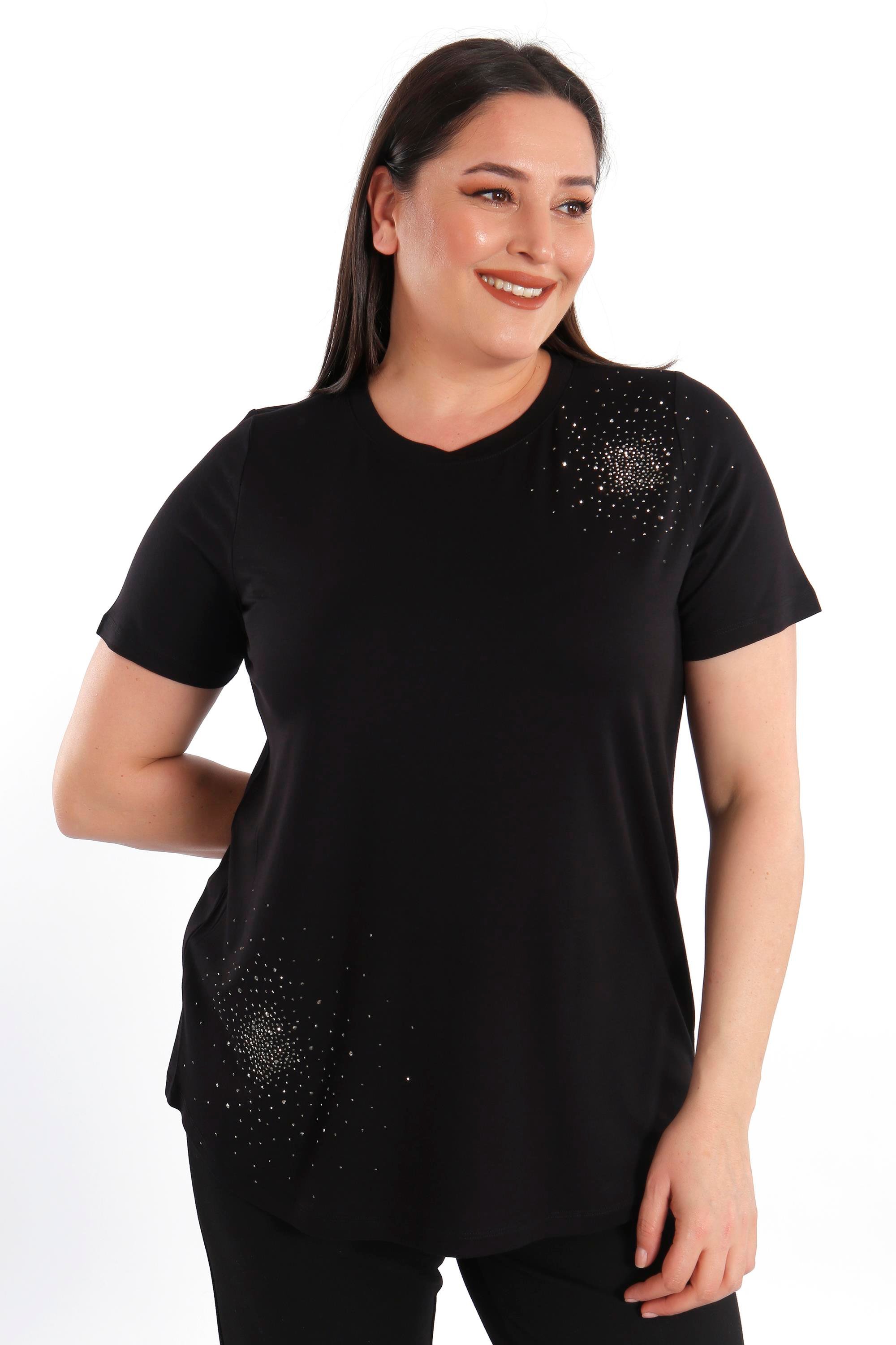 Trend42plus Büyük Beden Taş Baskılı Siyah Bluz