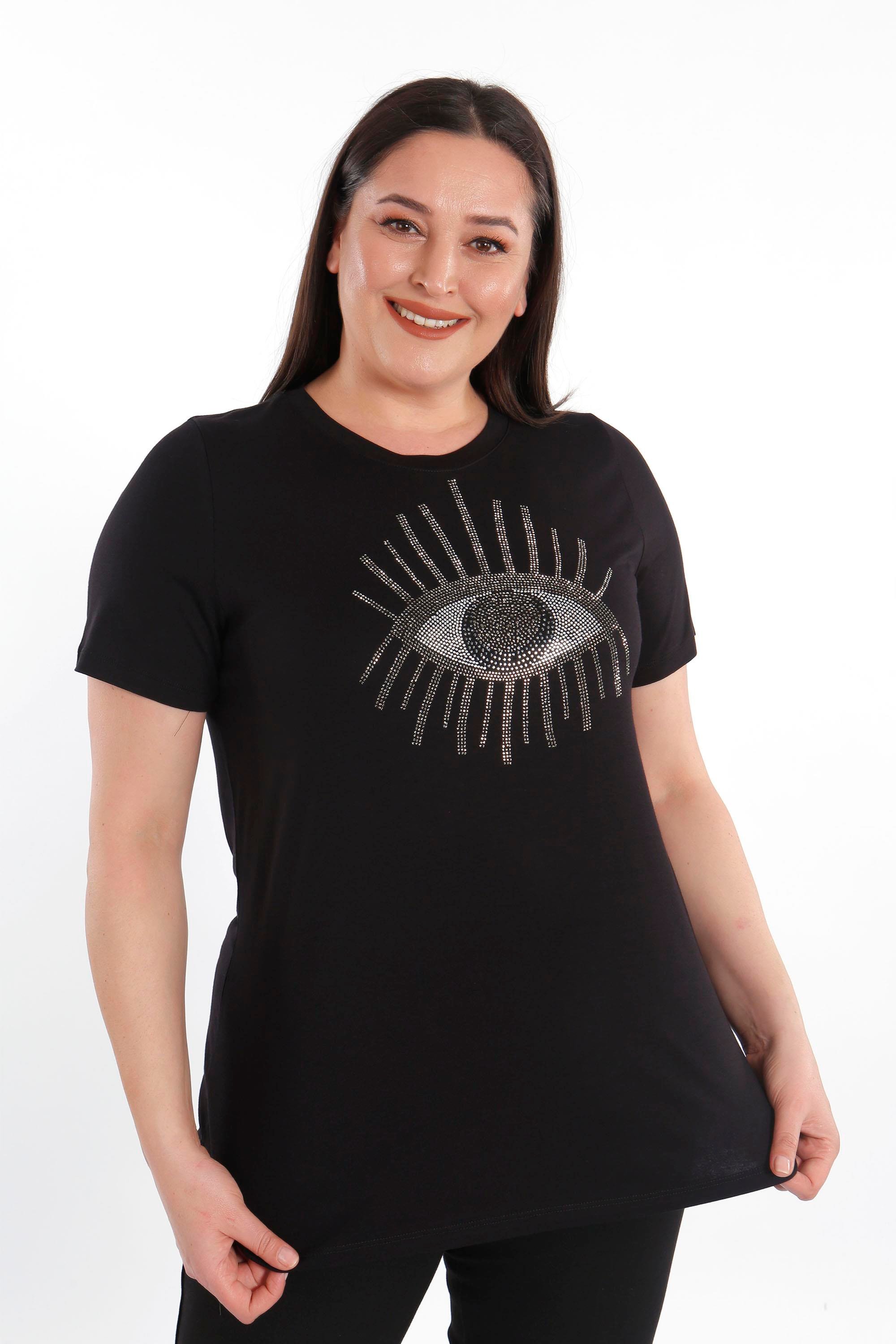 Trend42plus Büyük Beden Taş Baskılı Siyah Bluz