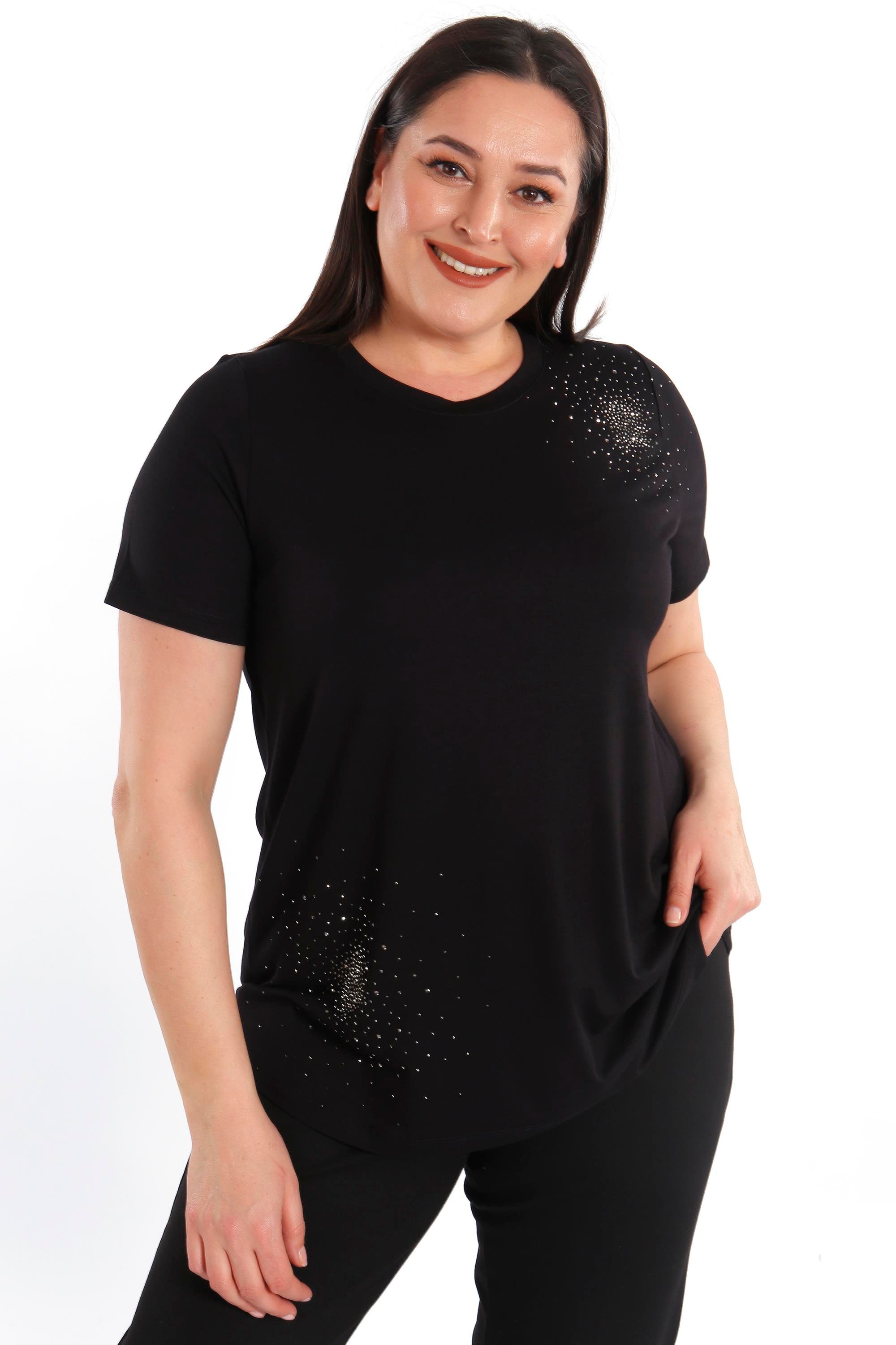 Trend42plus Büyük Beden Taş Baskılı Siyah Bluz