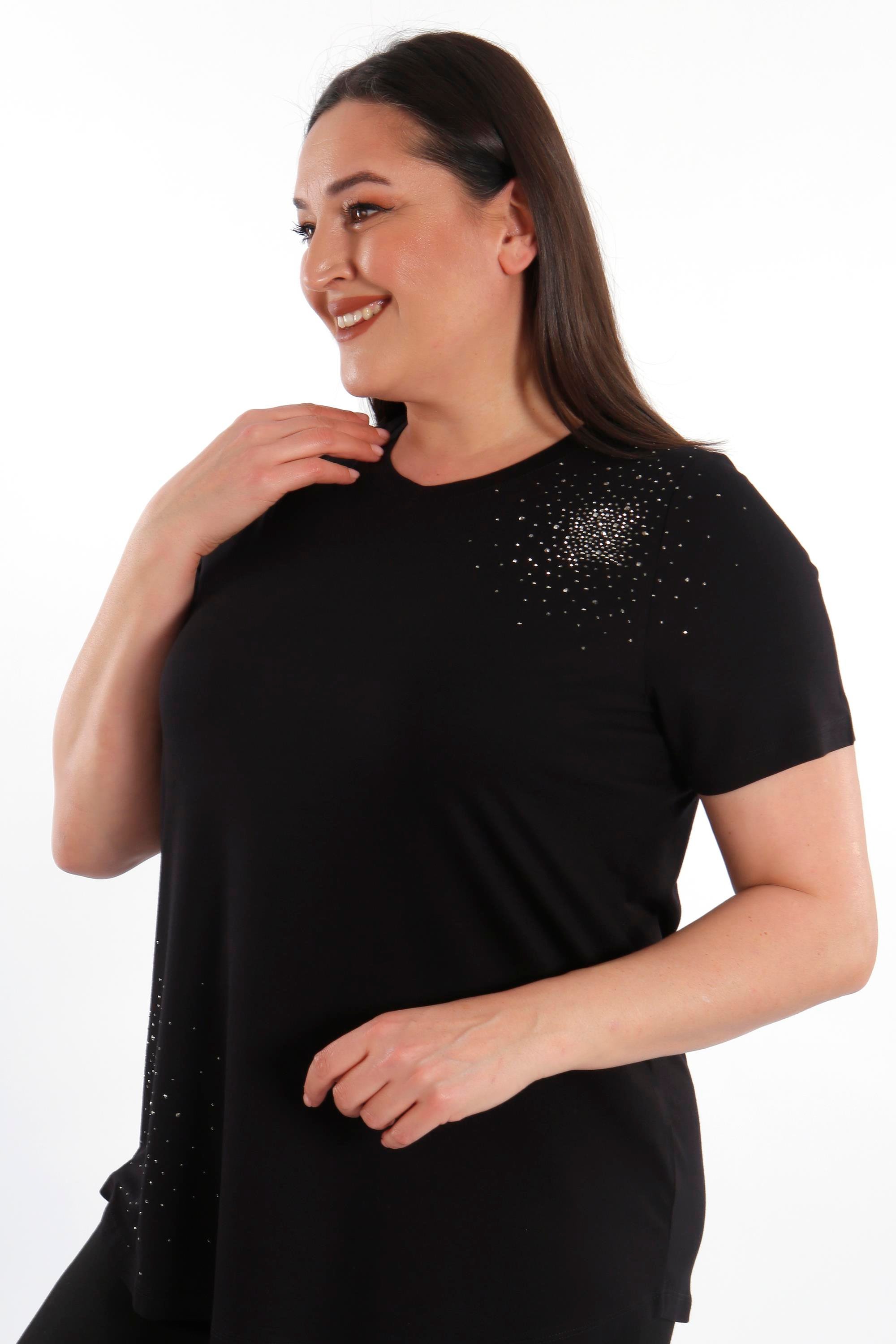 Trend42plus Büyük Beden Taş Baskılı Siyah Bluz