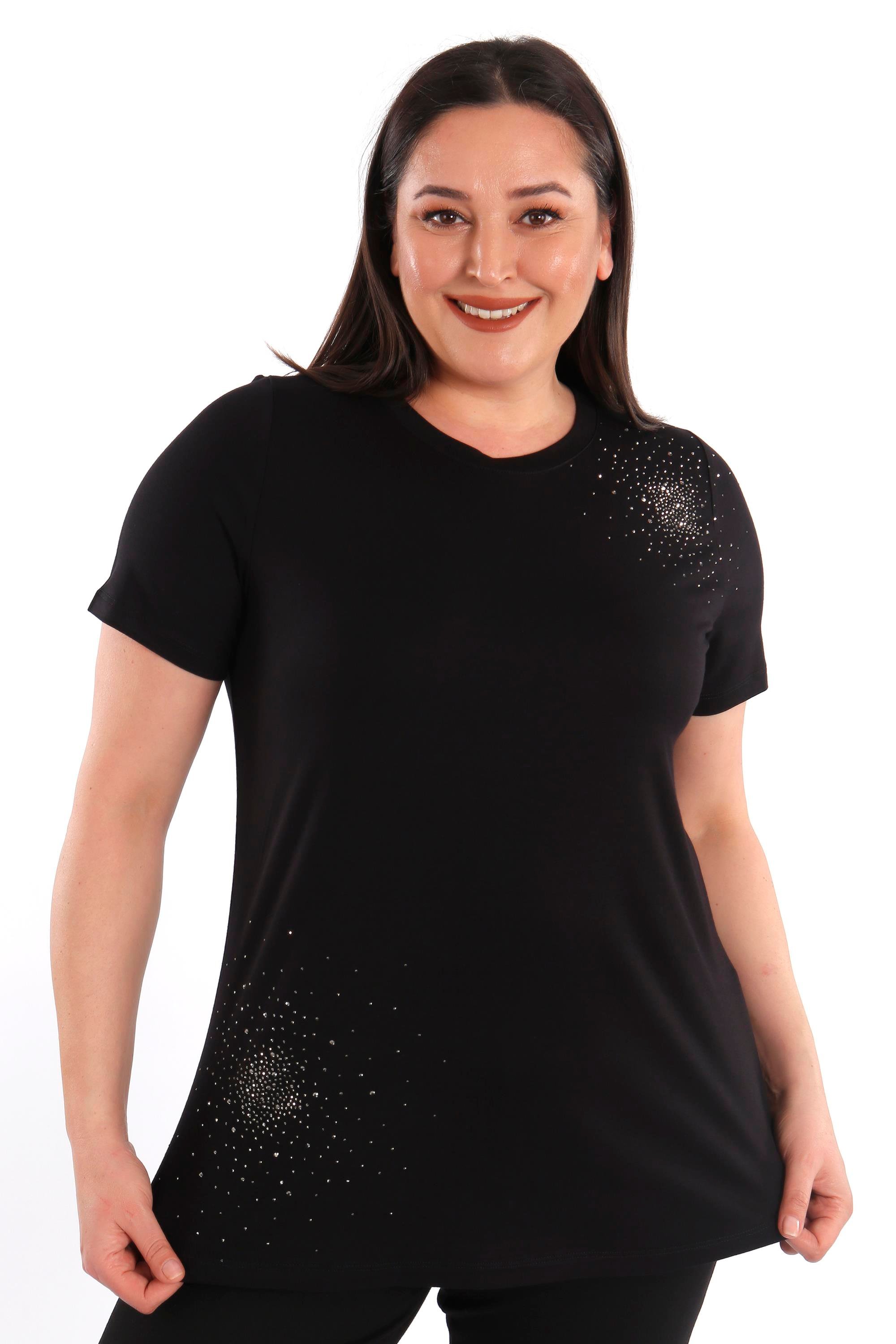 Trend42plus Büyük Beden Taş Baskılı Siyah Bluz