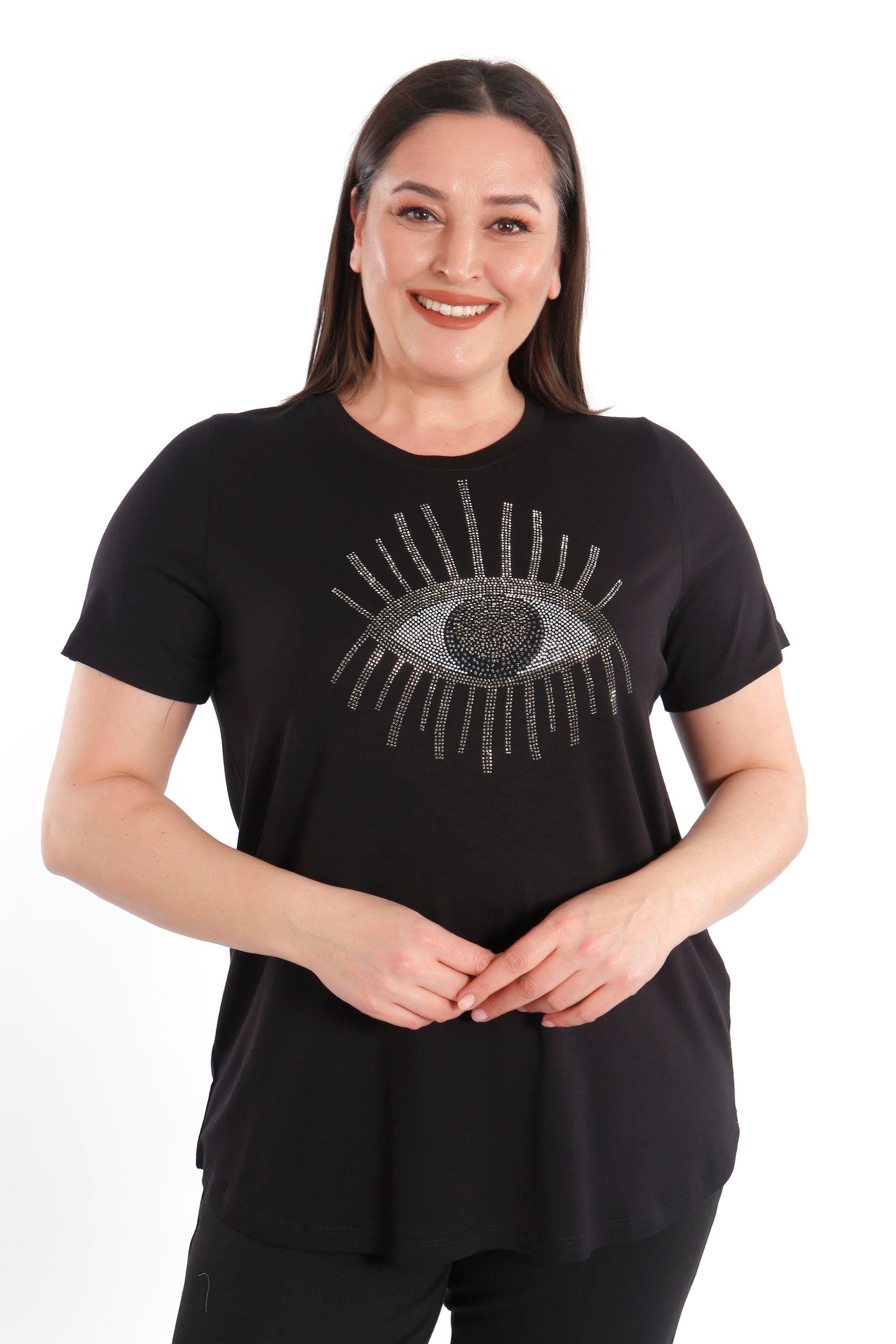 Trend42plus Büyük Beden Taş Baskılı Siyah Bluz