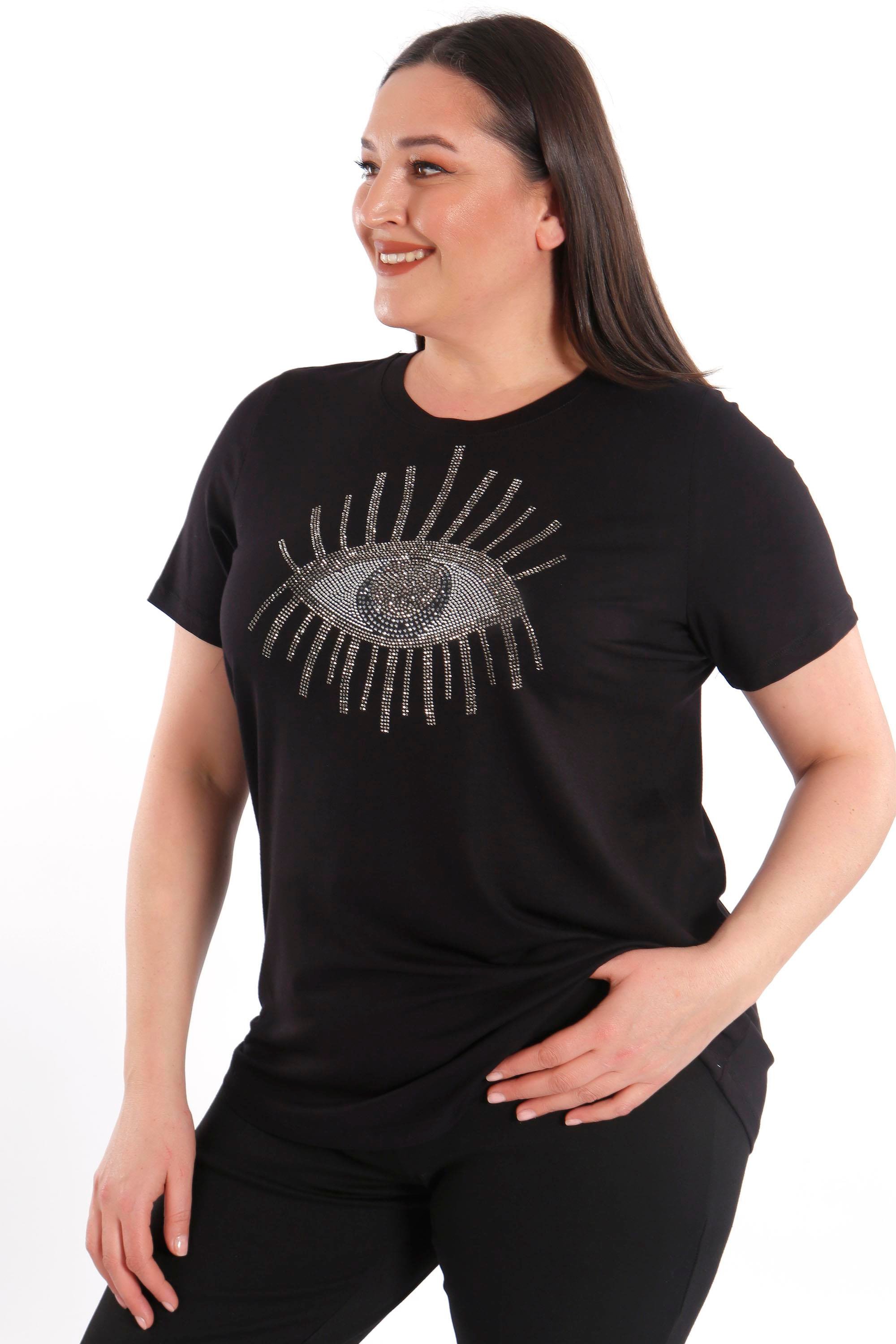 Trend42plus Büyük Beden Taş Baskılı Siyah Bluz