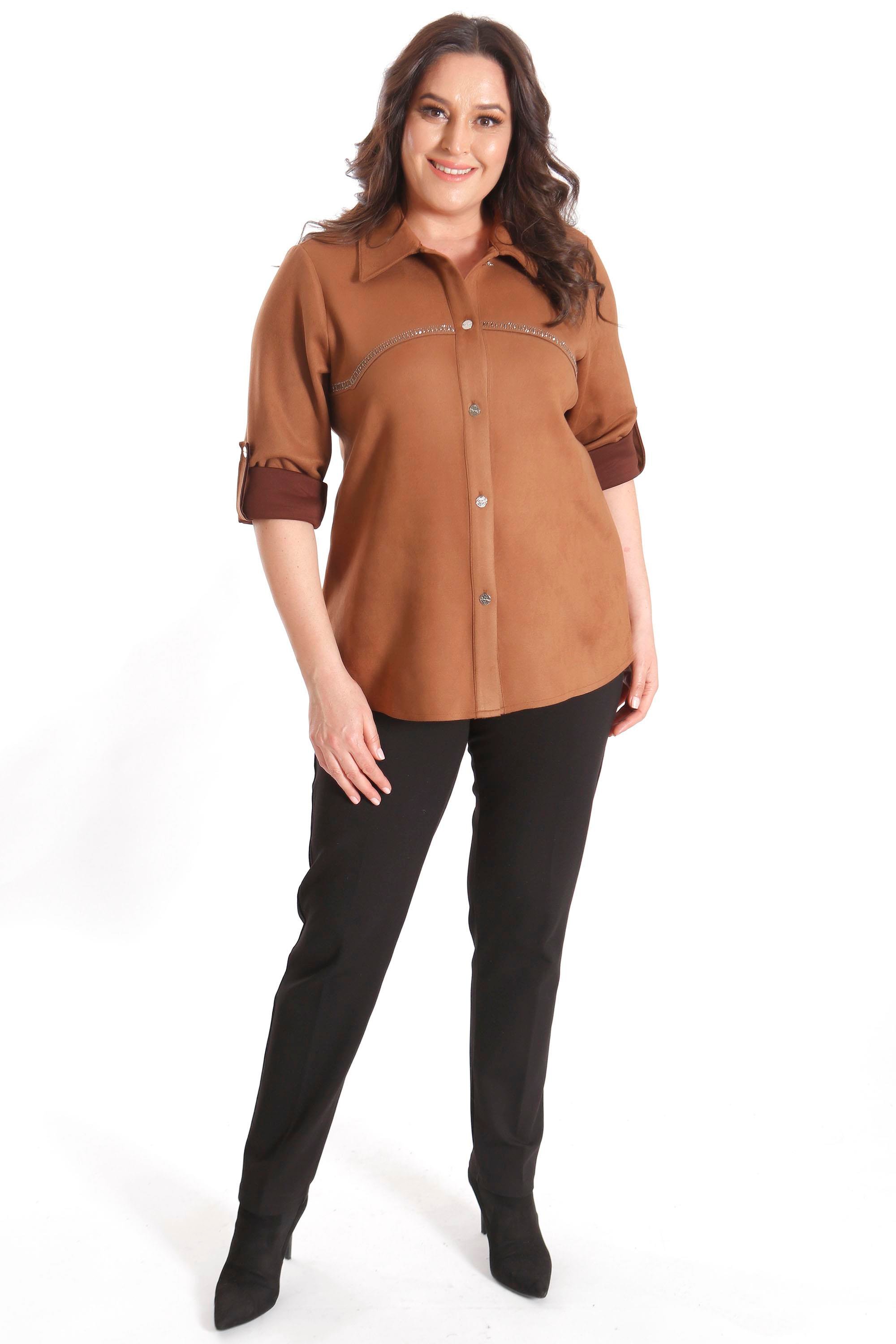 Trend42plus Büyük Beden Taş Baskılı Süet Camel Gömlek