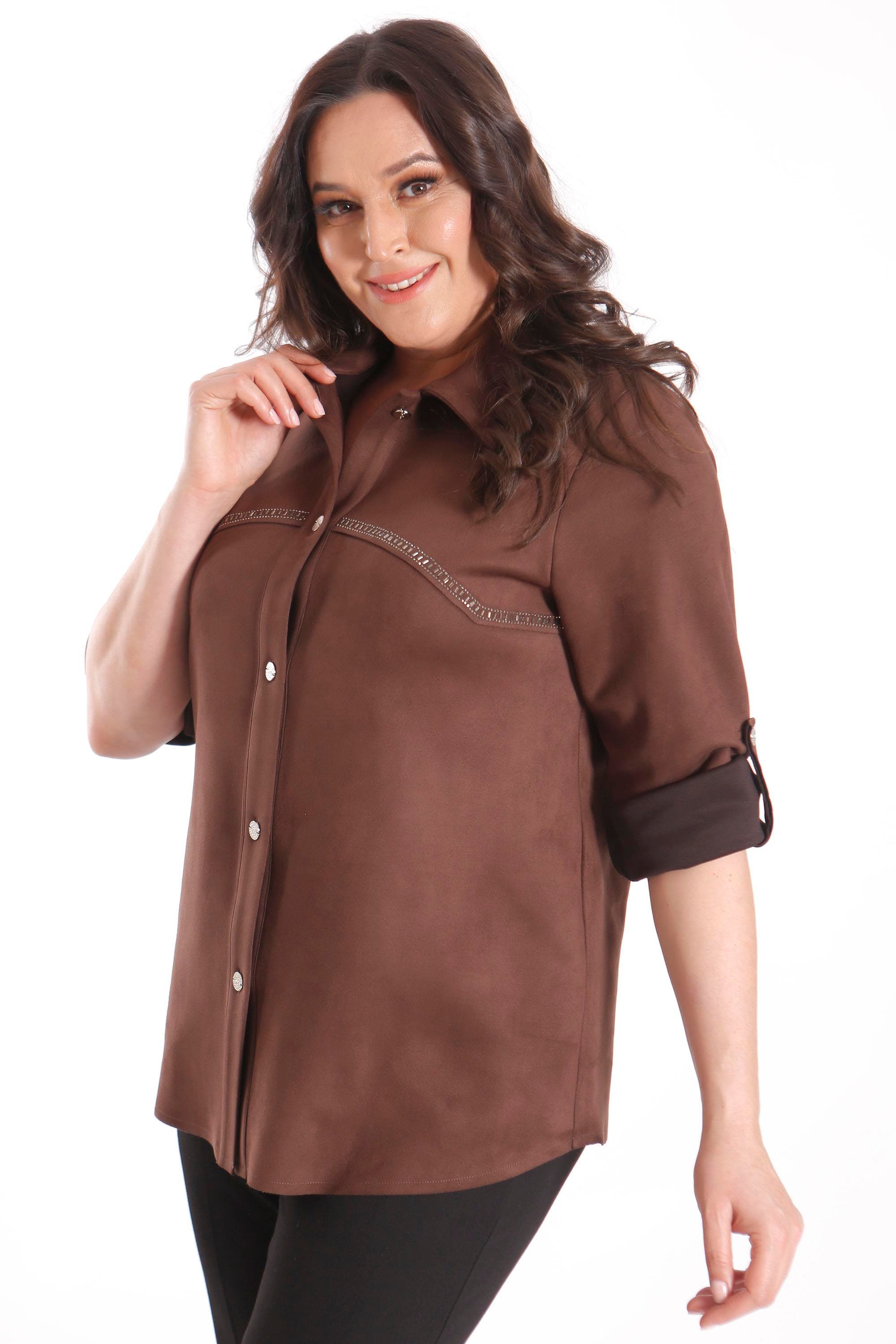 Trend42plus Büyük Beden Taş Baskılı Süet Kahverengi Gömlek