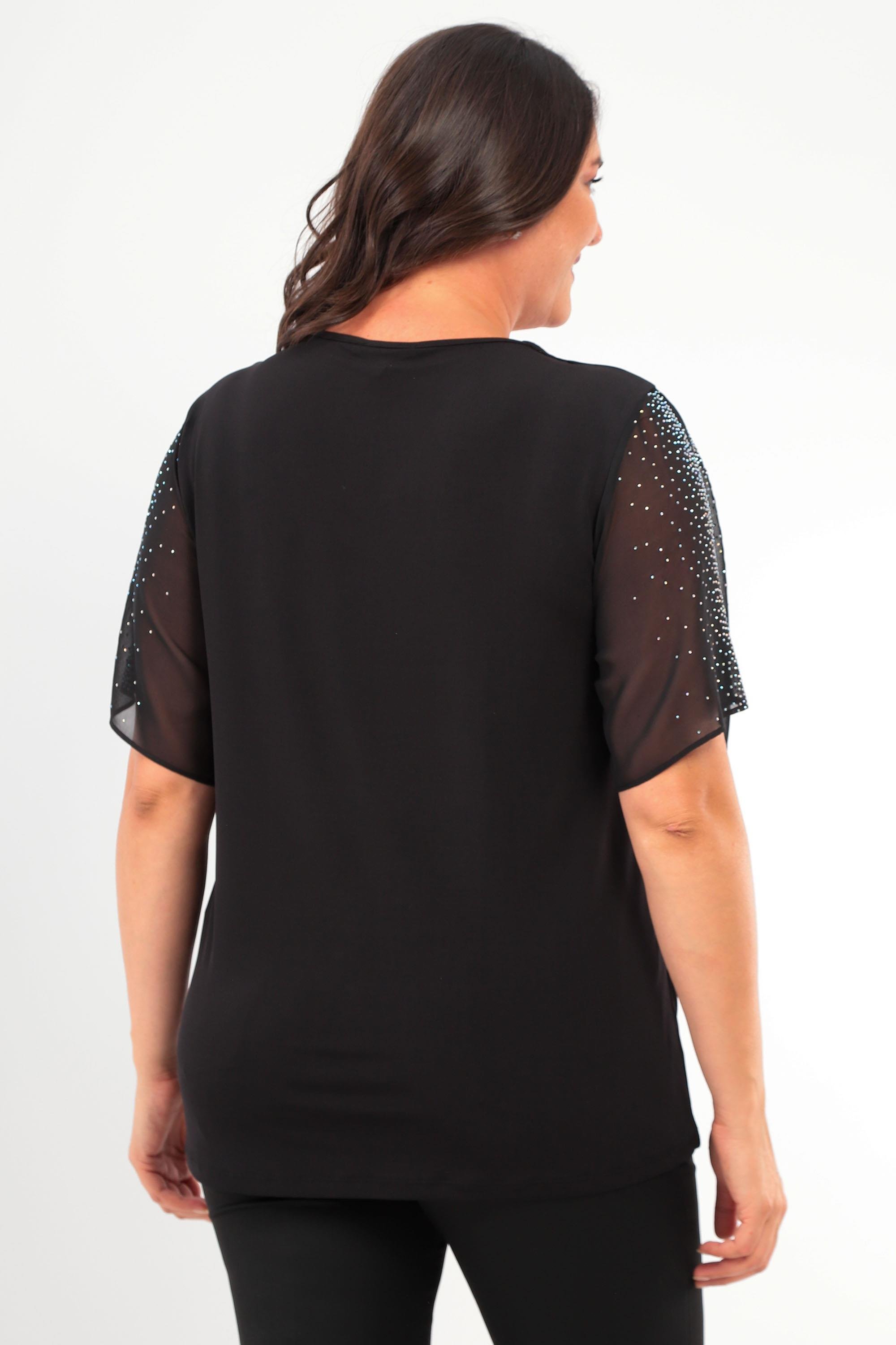 Trend42plus Büyük Beden V Yaka Kollar Taş Baskılı Şifon ve Yırtmaç Detaylı Siyah Bluz