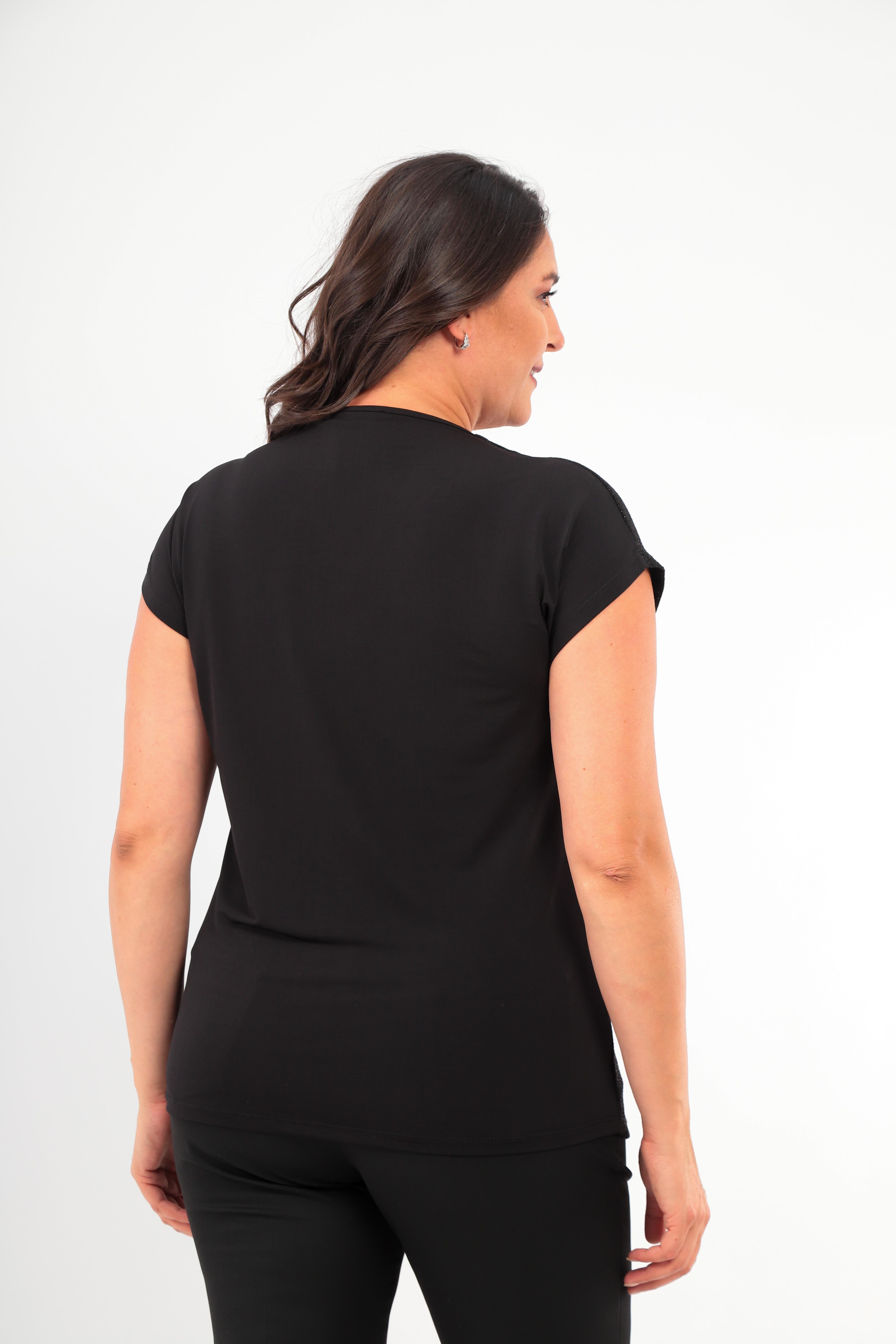 Trend42plus Büyük Beden V Yaka Omuz Taş Baskılı Düşük Kol Siyah Bluz