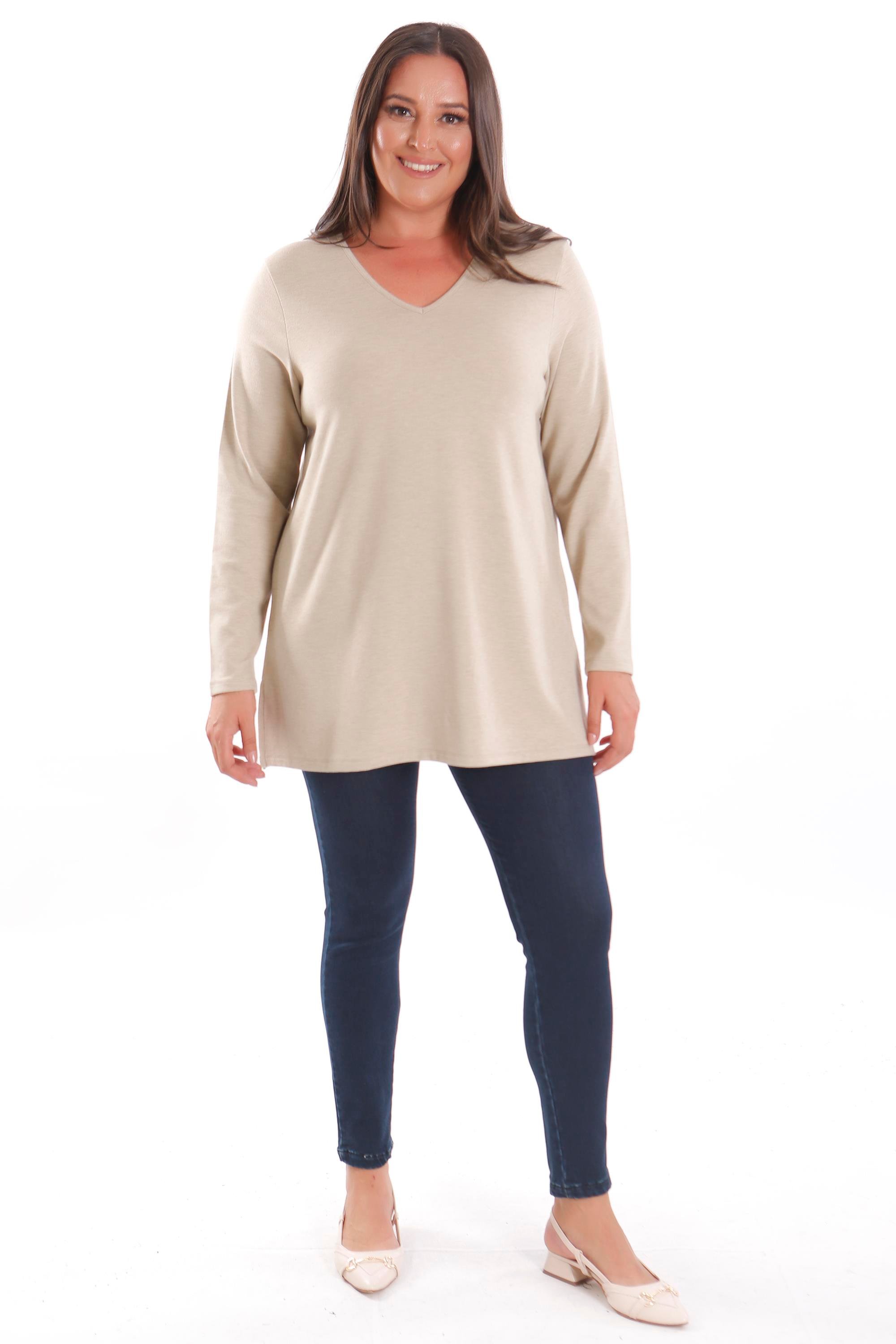 Trend42plus Büyük Beden V Yaka Yırtmaçlı Basic Bej Bluz